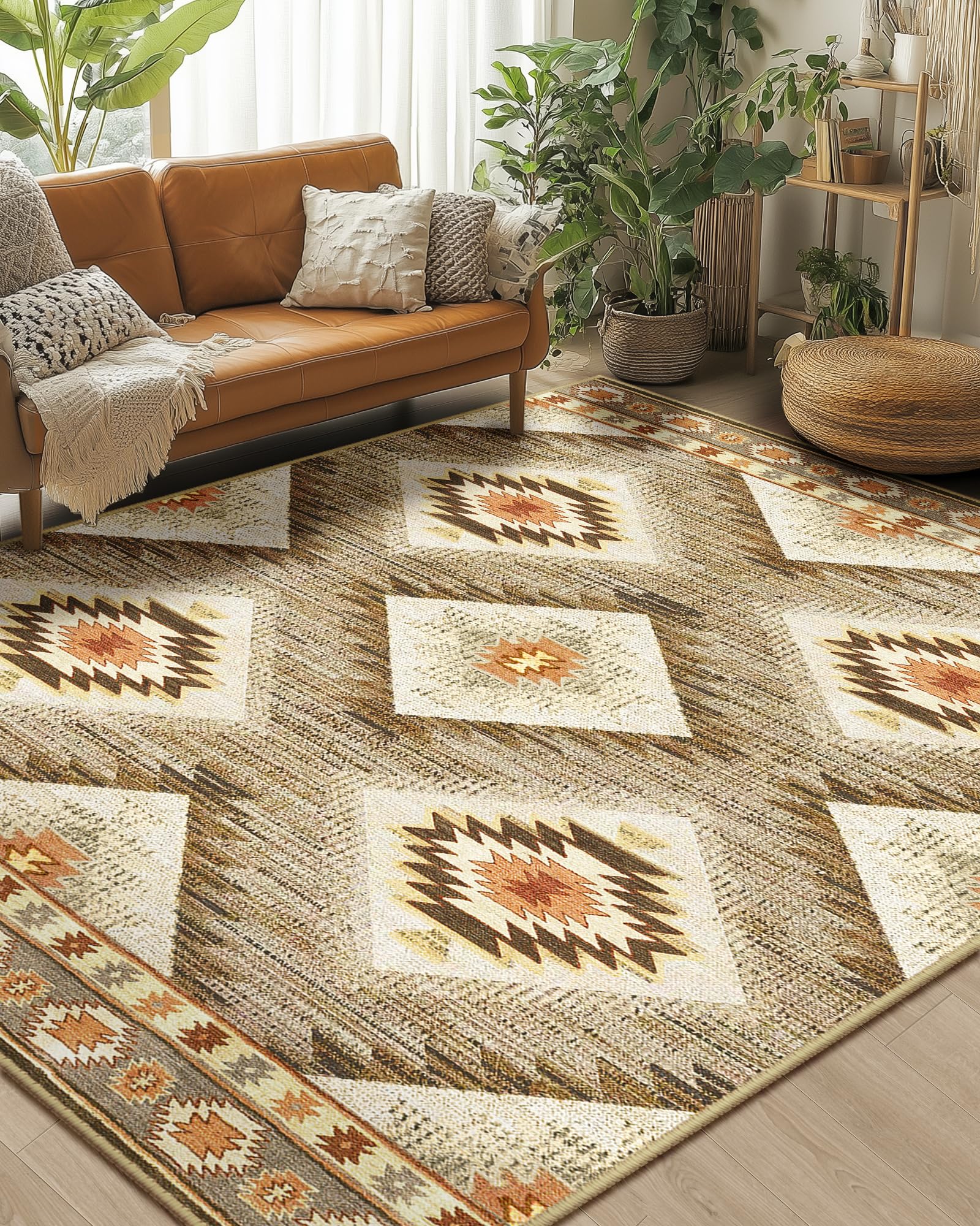 BESTSWEETIE 8x10 Machine Washable Non-Slip Low Pile Area Rug - Western & Aztec Print Pattern for Living Room, Bedroom, Entryway - Cream/Camel - Perfect for Home Decor, Dorm, Office & High Traffic Areas