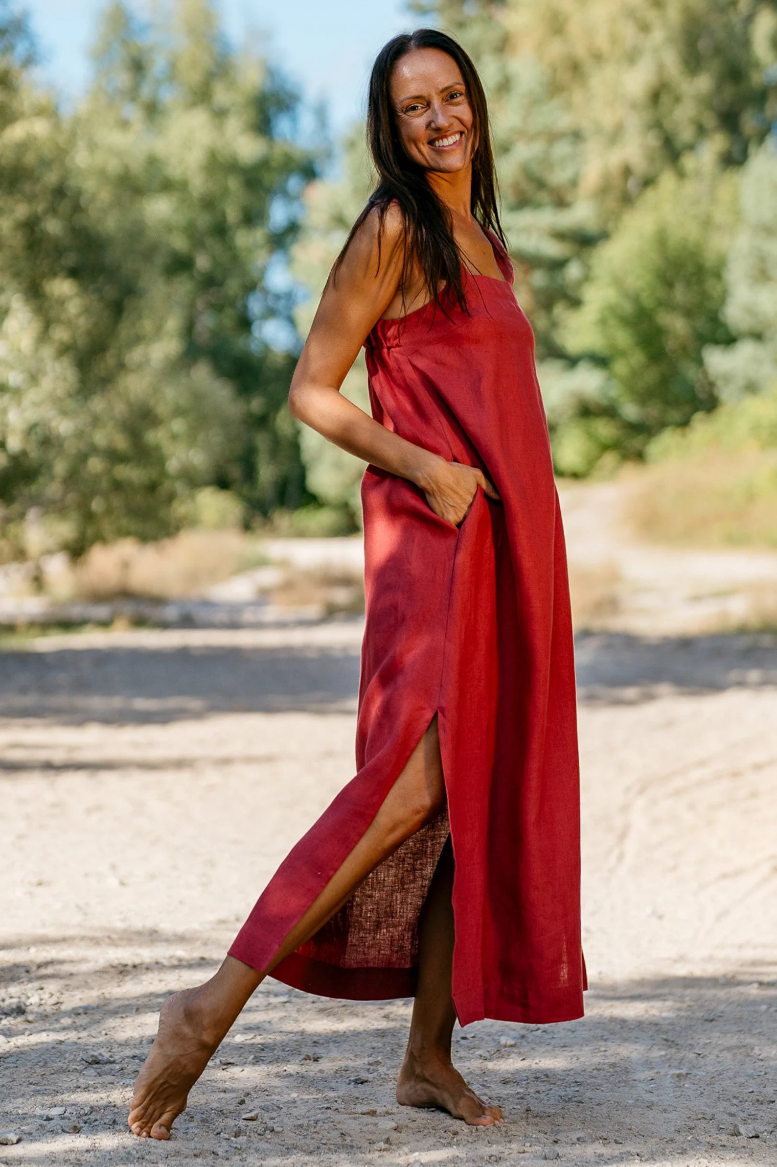 Elegant Linen Strap MAXI Dress ADELE in Raspberry - Perfect for Summer Beach Vacations, Weddings & Casual Outings