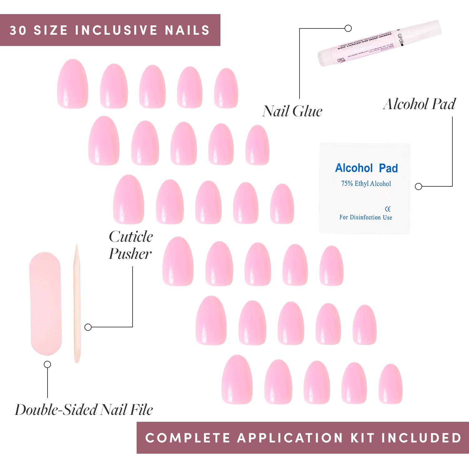 Glamnetic Press On Nails - Think Pink | Solid Opaque Light Pastel Pink Short Oval Fake Nails, Reusable Artificial Nails with 15 Sizes (30 Nails Kit) | Perfect for Weddings, Parties, Date Nights & Everyday Wear