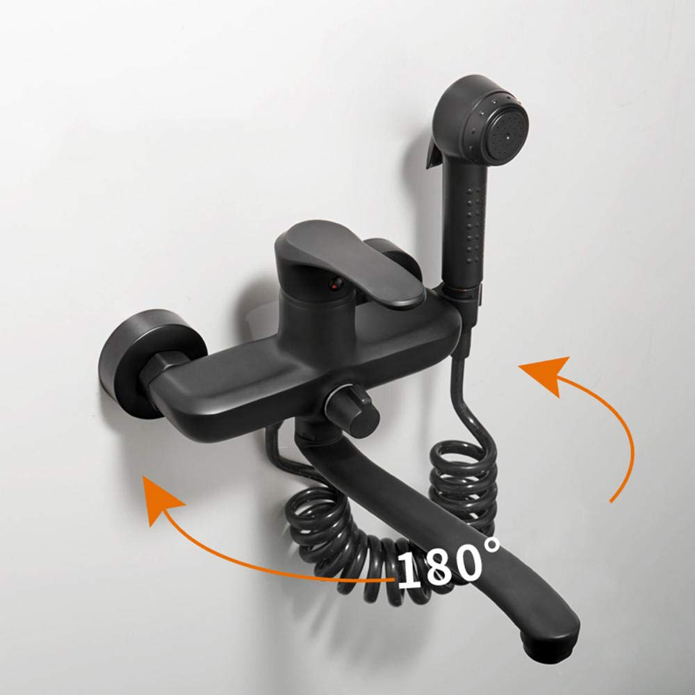 Black Wall Mount Kitchen Faucet - All Copper Double Hole Sprayer Faucet with Rotating Utility Spray Gun for Sink (25cm) - Perfect for Laundry, Utility Sinks & Compact Kitchens