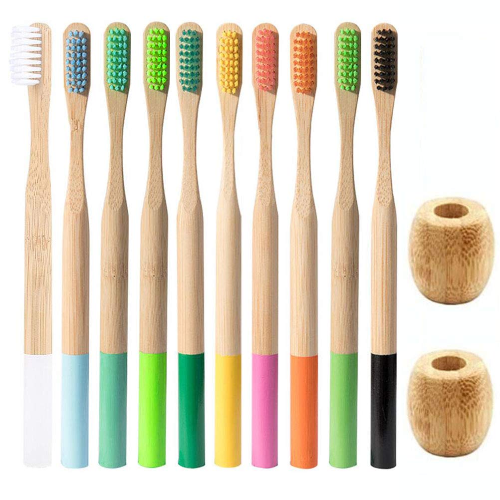 DOITOOL 10 Pack Bamboo Toothbrushes with 2 Toothbrush Holders - Eco-Friendly Natural Bamboo Handle Toothbrushes for Home, Travel & Camping (BPA Free)