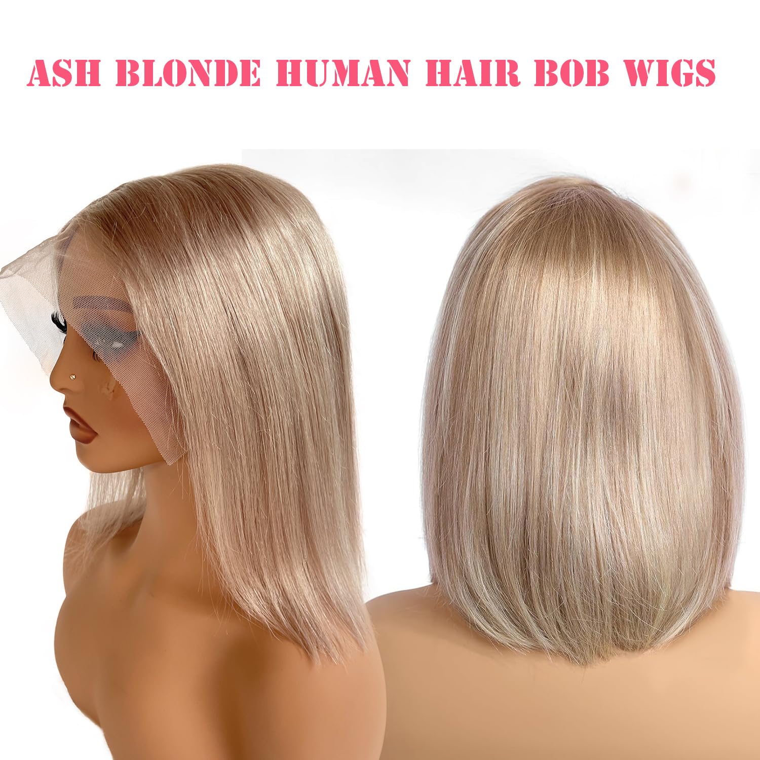 Ash Blonde Bob Wigs Human Hair 180% Density 13x6 HD Lace Frontal Wig for Women - Virgin Hair Silky Straight Glueless Pre-Plucked with Baby Hair - 8 Inch Short Bob Wig Blunt Cut - Perfect for Cosplay, Daily Wear & Special Occasions