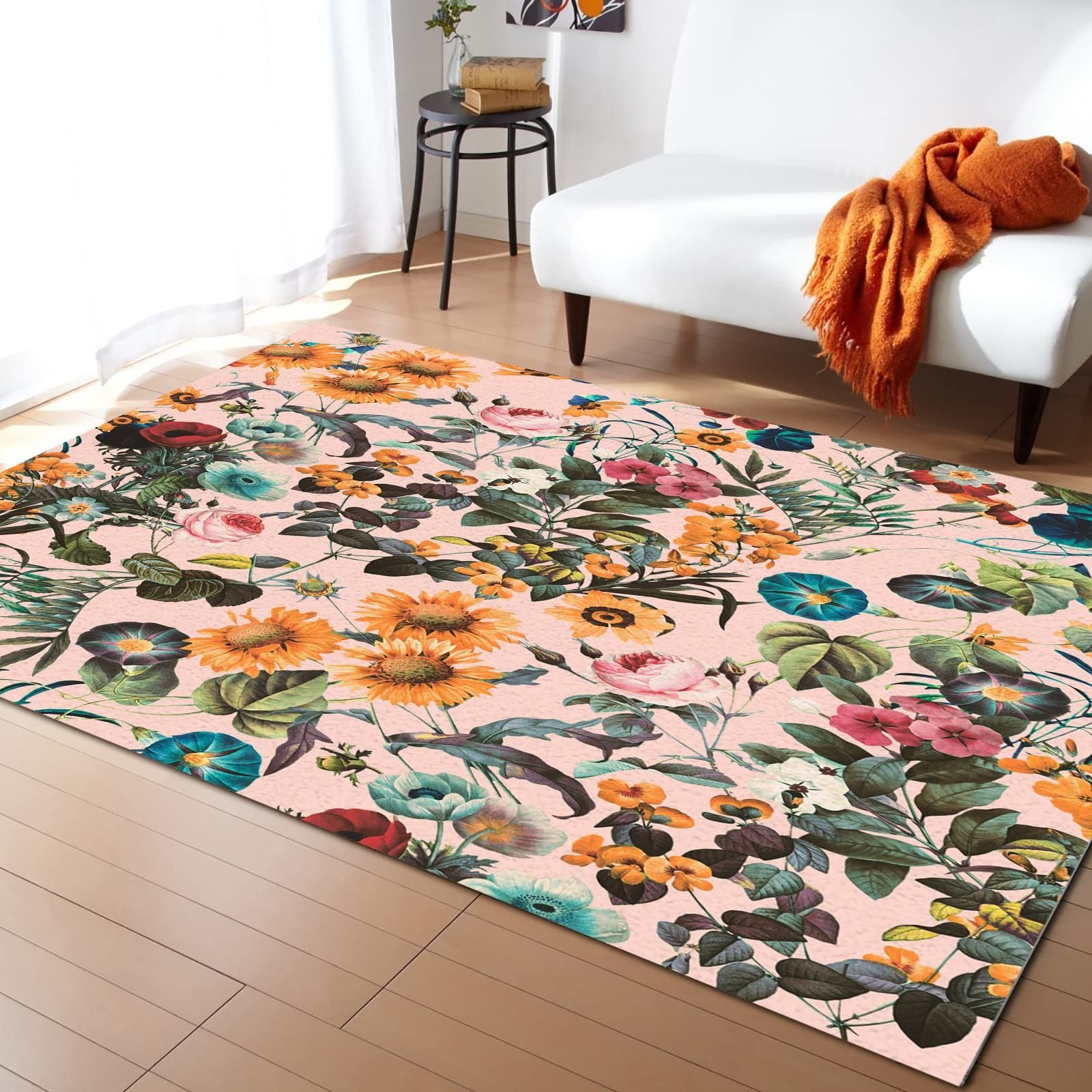 Sunflower Floral Area Rug - Non-Slip Easy Clean Carpet with Pastoral Flower Design for Bedroom, Living Room, Dining Room & Office (6x4 Feet) - Perfect for Boho Home Decor and Cozy Interior Spaces