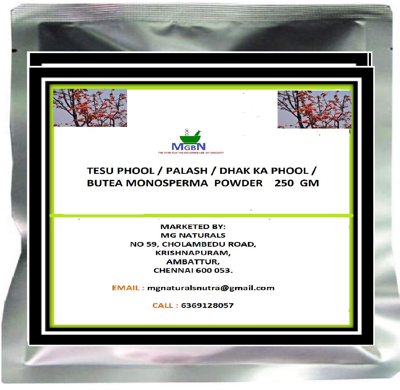 Organic Butea Monosperma Powder (Tesu Phool/Palash/Dhak Ka Phool) - 250gm | Natural Dye, Hair Care & Ayurvedic Remedy for Holi Festival & DIY Beauty Recipes
