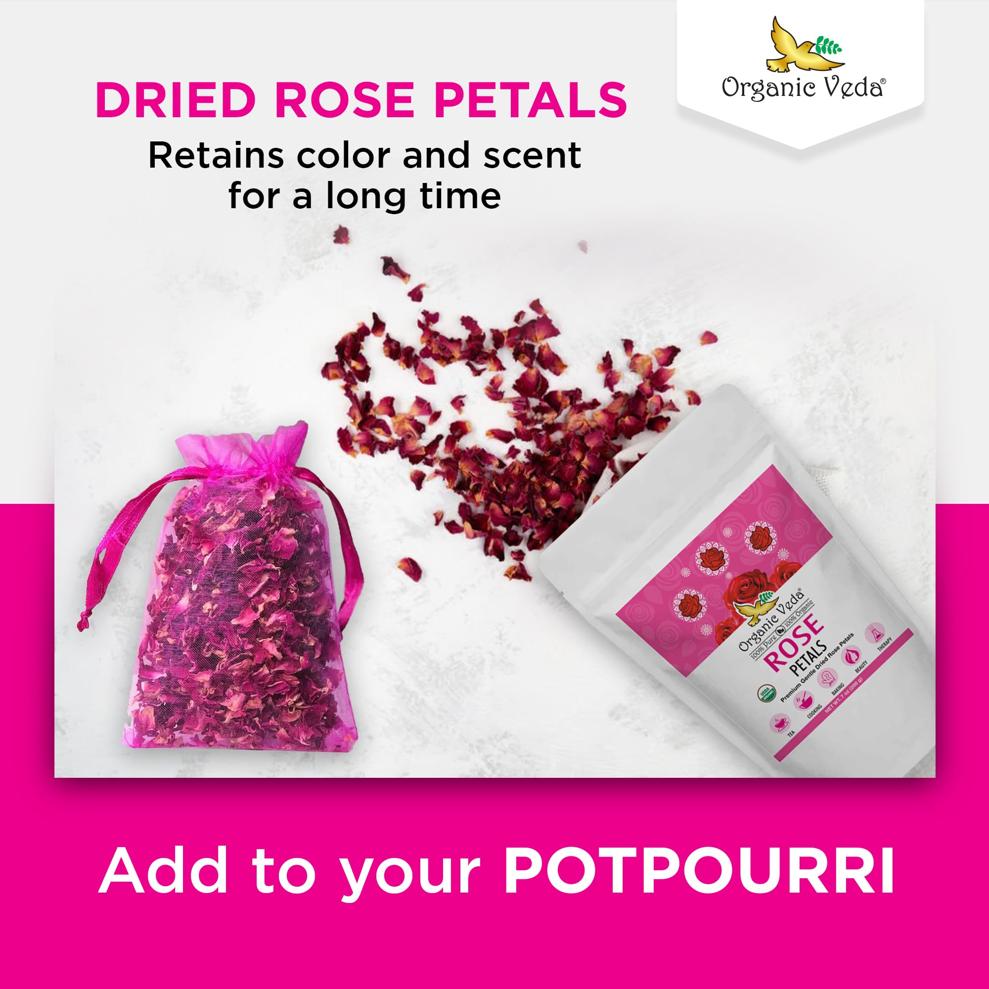 Organic Veda Dried Rose Petals, 4 oz - 100% USDA Organic Certified Edible Rose Petals for Cooking, Baking & Tea | Food Grade Rose Petals for Rose Water, Herbal Infusions, Skincare, Bath Soaks & Home Decor | Vegan, Non-GMO, All-Natural | Perfect for DIY Beauty Recipes, Wedding Decor & Gourmet Desserts