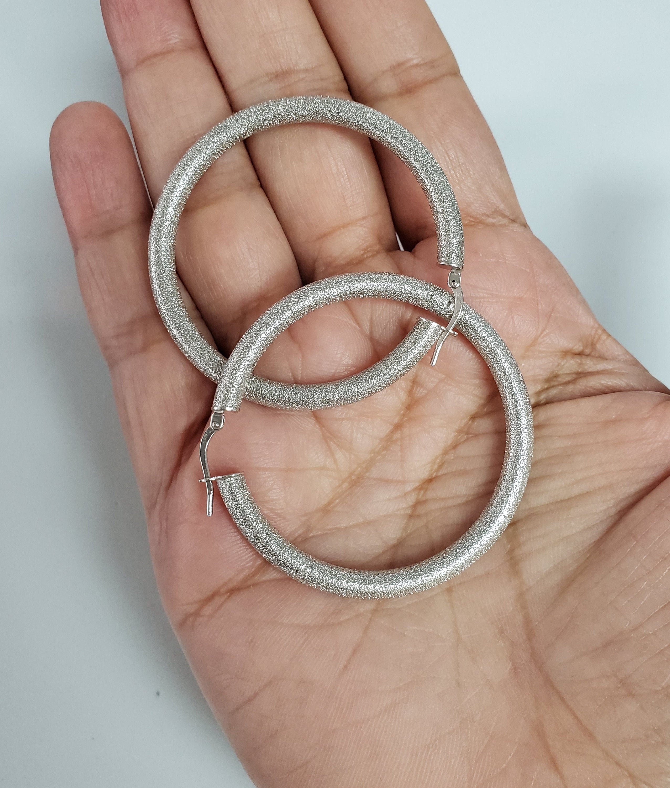 46MM Sand Textured 14K White Gold Hoop Earrings for Women - Elegant Dangle Hoops for Everyday Wear & Special Occasions