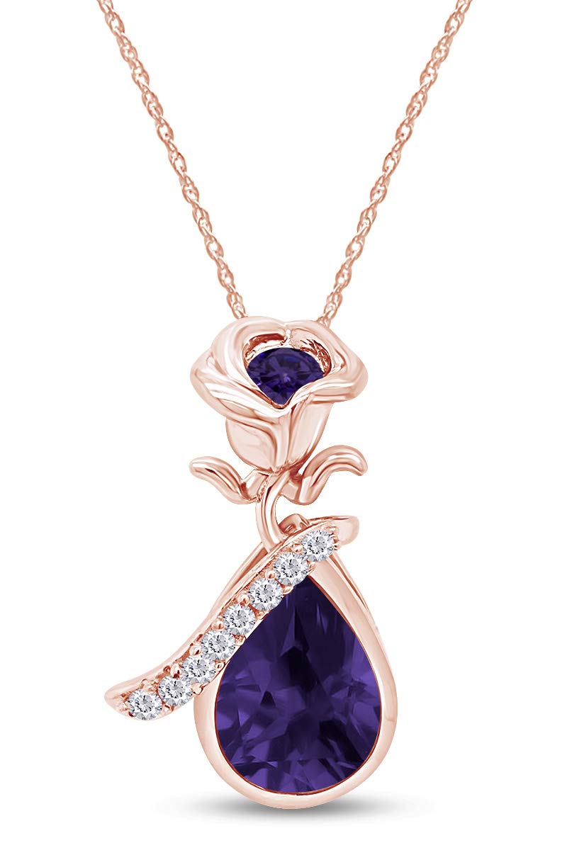 14K Rose Gold Over Sterling Silver Simulated Birthstone Teardrop Pendant Necklace with Rose Flower Bezel Setting - Elegant Jewelry Gift for Women, Perfect for Anniversaries, Birthdays & Special Occasions