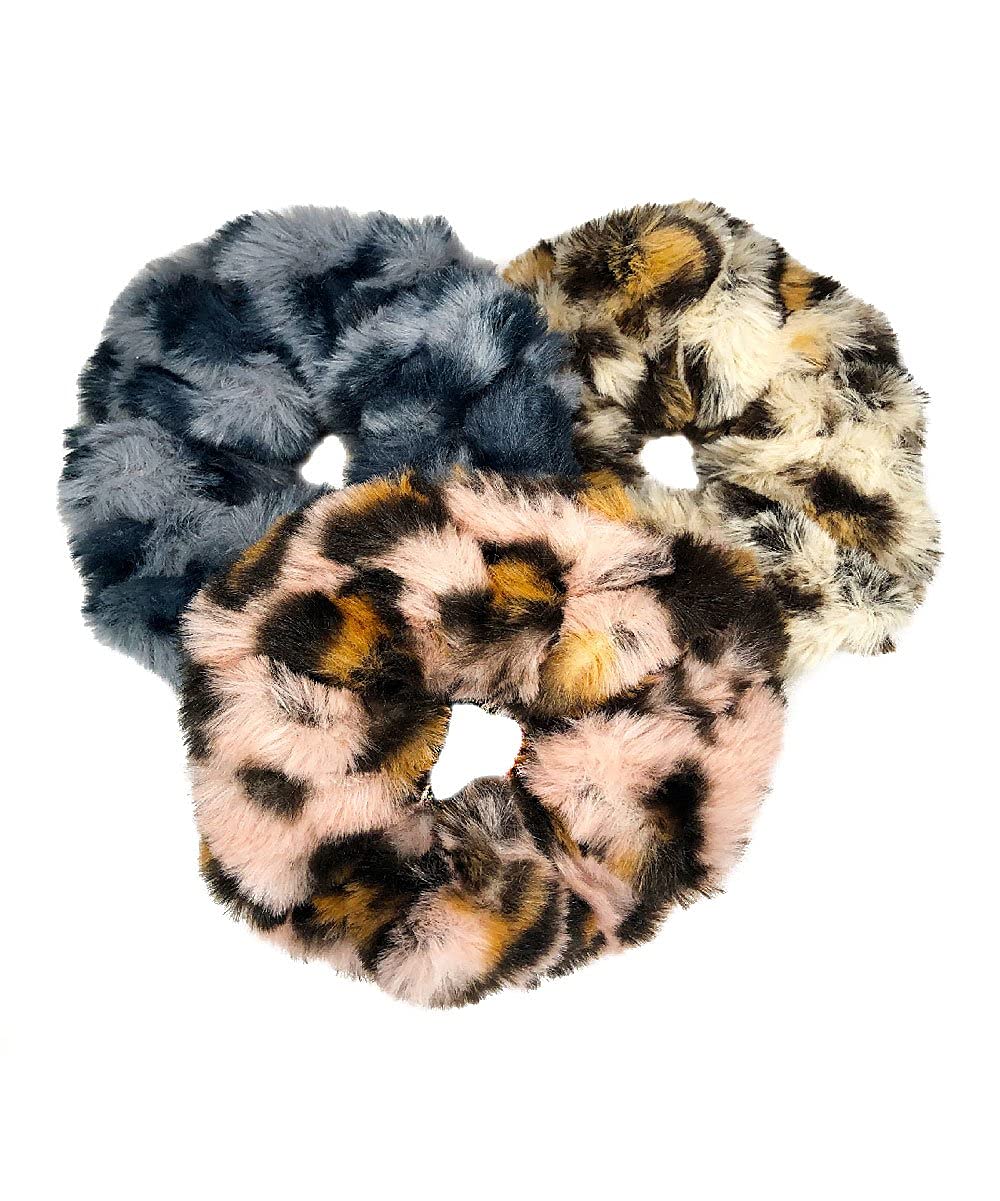 BAKEFY Leopard Print Scrunchies Hair Ties - 6 Pack Soft Elastic Hair Bands with Faux Fur for Women & Girls - Perfect for Workouts, Yoga, School and Everyday Styling