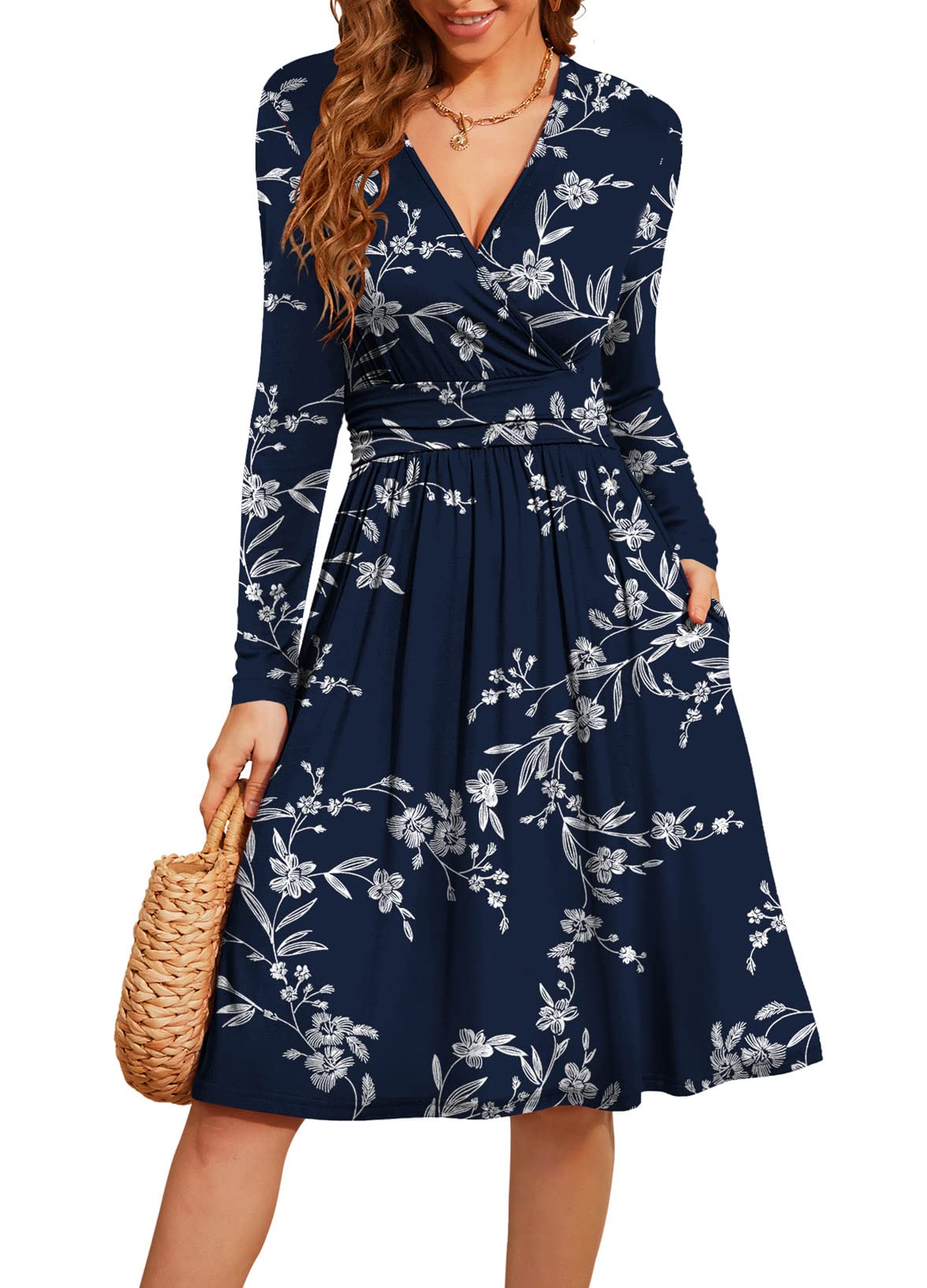 WEACZZY Women's 2025 Fall Long Sleeve V-Neck Casual Dress with Pockets - Semi Formal Party Wear for Office, Date Night & Special Occasions