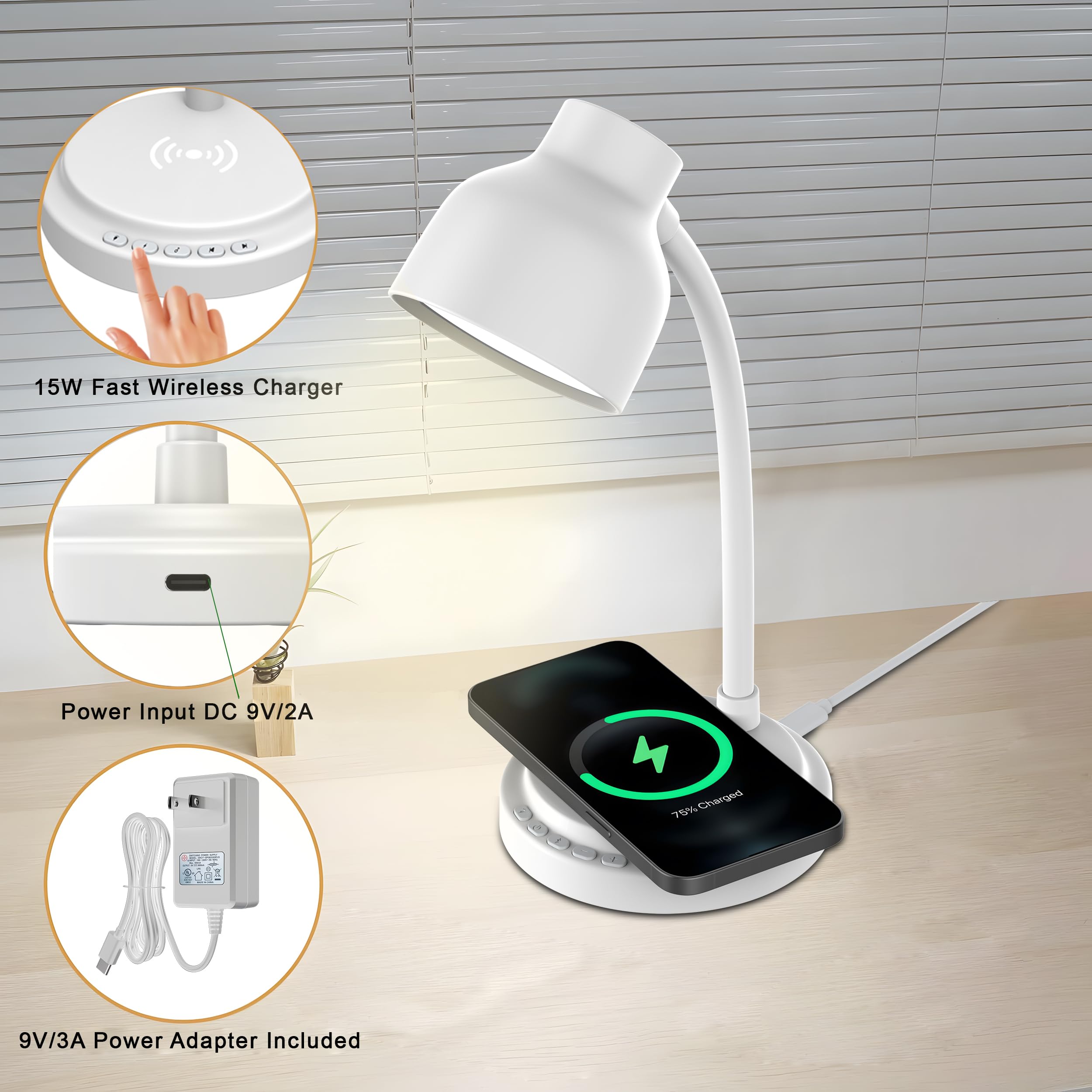 LED Desk Lamp with Bluetooth Speaker & 15W Wireless Charger - Adjustable Gooseneck Reading Light for Home Office, College Dorm, Bedside - White | Perfect for Studying, Working & Nighttime Reading