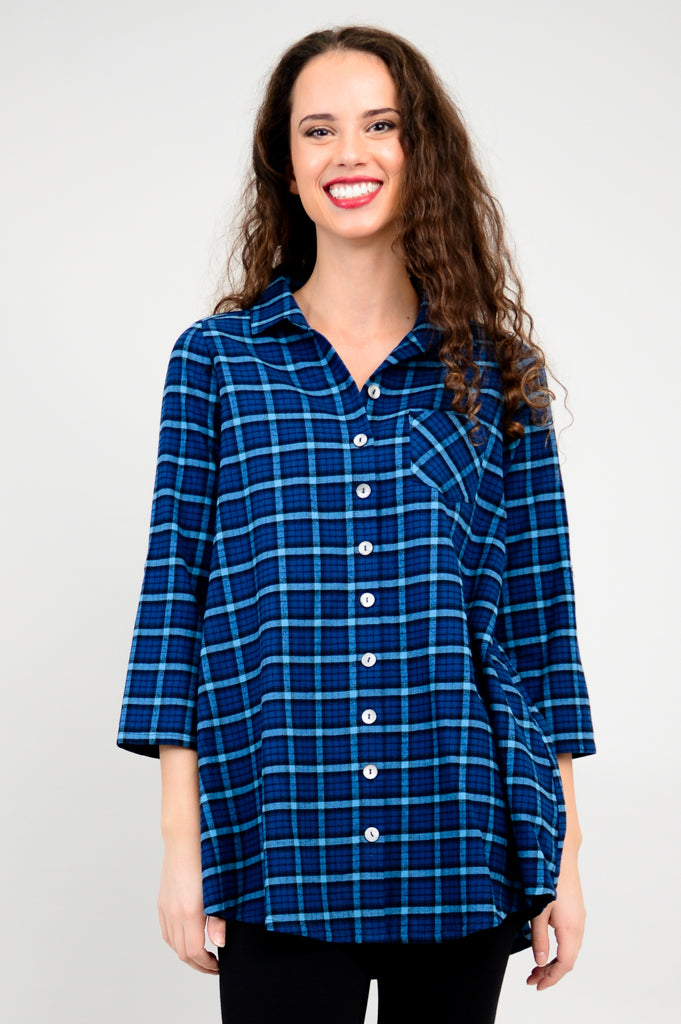Celine Tunic Top - Blueberry Plaid Cotton Flannel Shirt for Women | Casual Fall & Winter Wear | Perfect for Office, Date Night and Weekend Outings