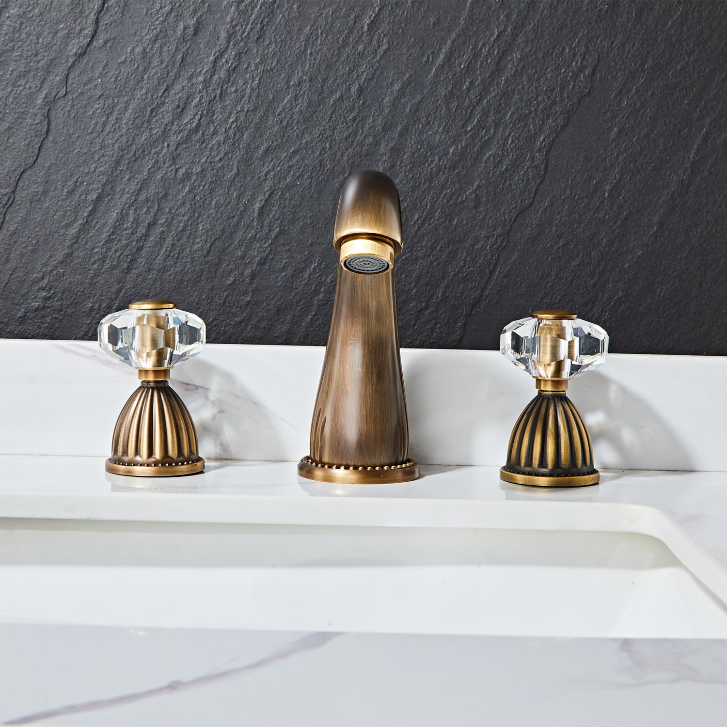 3 Hole Widespread Deck Mount Bathroom Sink Faucet with Crystal Handle - Antique Bronze Brass Mixer Tap for Vanity & Powder Room | Perfect for Modern & Traditional Bathroom Designs