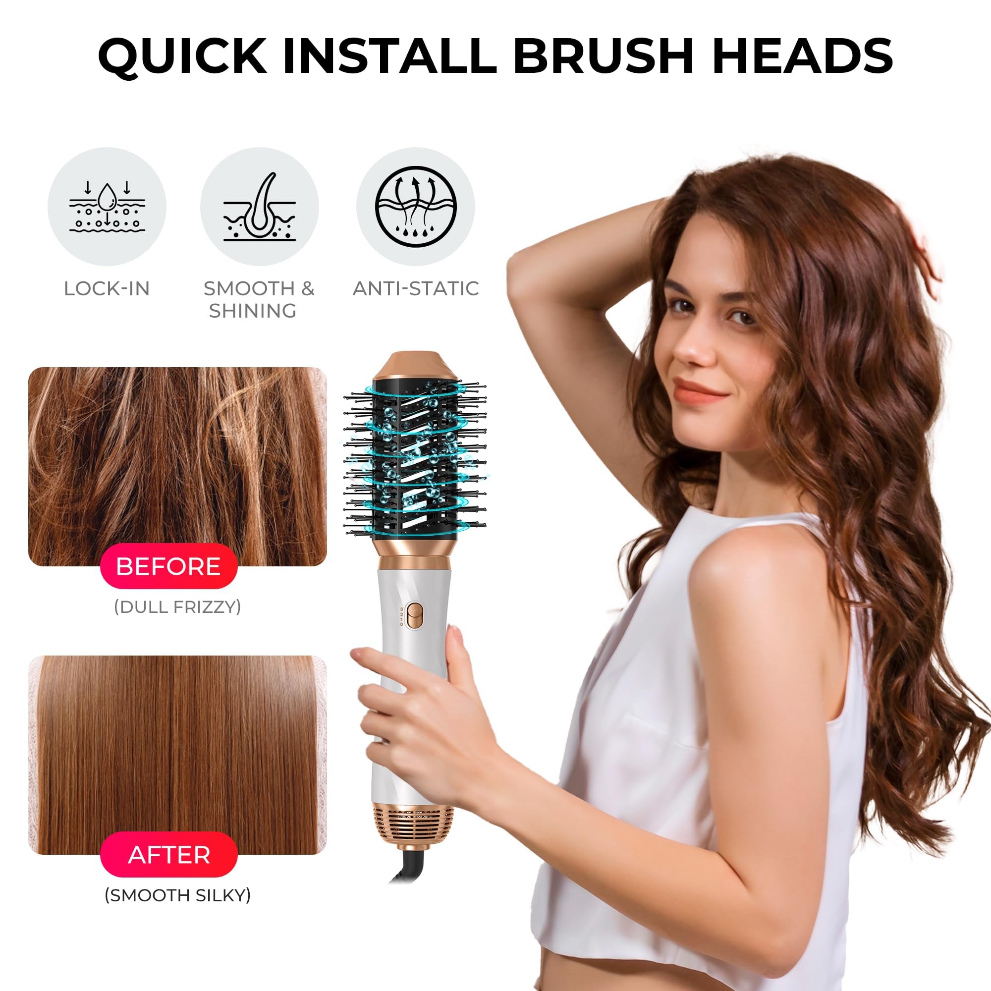6-in-1 Blow Dryer Brush with Detachable Nozzle - Ionic Hot Air Styler & Curling Iron for Salon-Quality Hair at Home - Perfect for Travel, Styling, and Creating Voluminous Curls or Smooth Blowouts