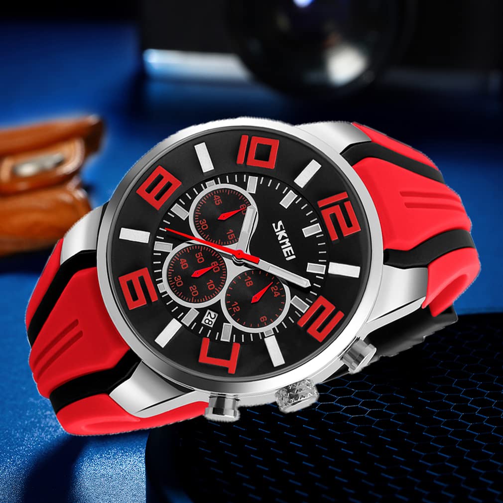 SKMEI Men's Waterproof Sports Watch - Large Face Analog Quartz Chronograph with Silicone Band, Luminous Hands, Luxury Black Design - Perfect for Running, Gym, Outdoor Activities & Casual Wear