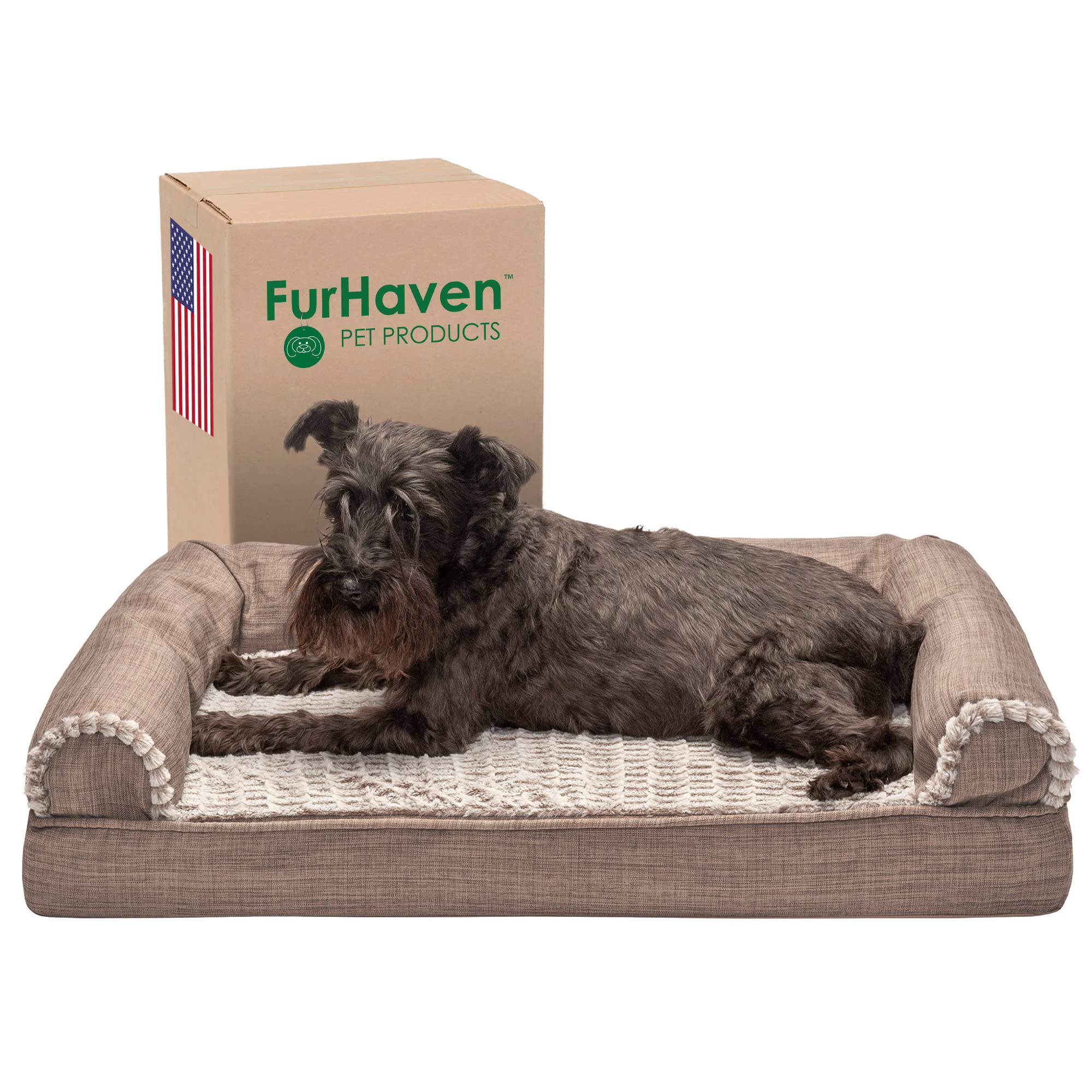 Furhaven Cooling Gel Dog Bed for Small & Medium Dogs - Removable Bolsters & Washable Cover - Supports Pets Up to 35 lbs - Luxe Faux Fur & Performance Linen Sofa Style - Woodsmoke Color - Perfect for Hot Weather & Indoor Lounging