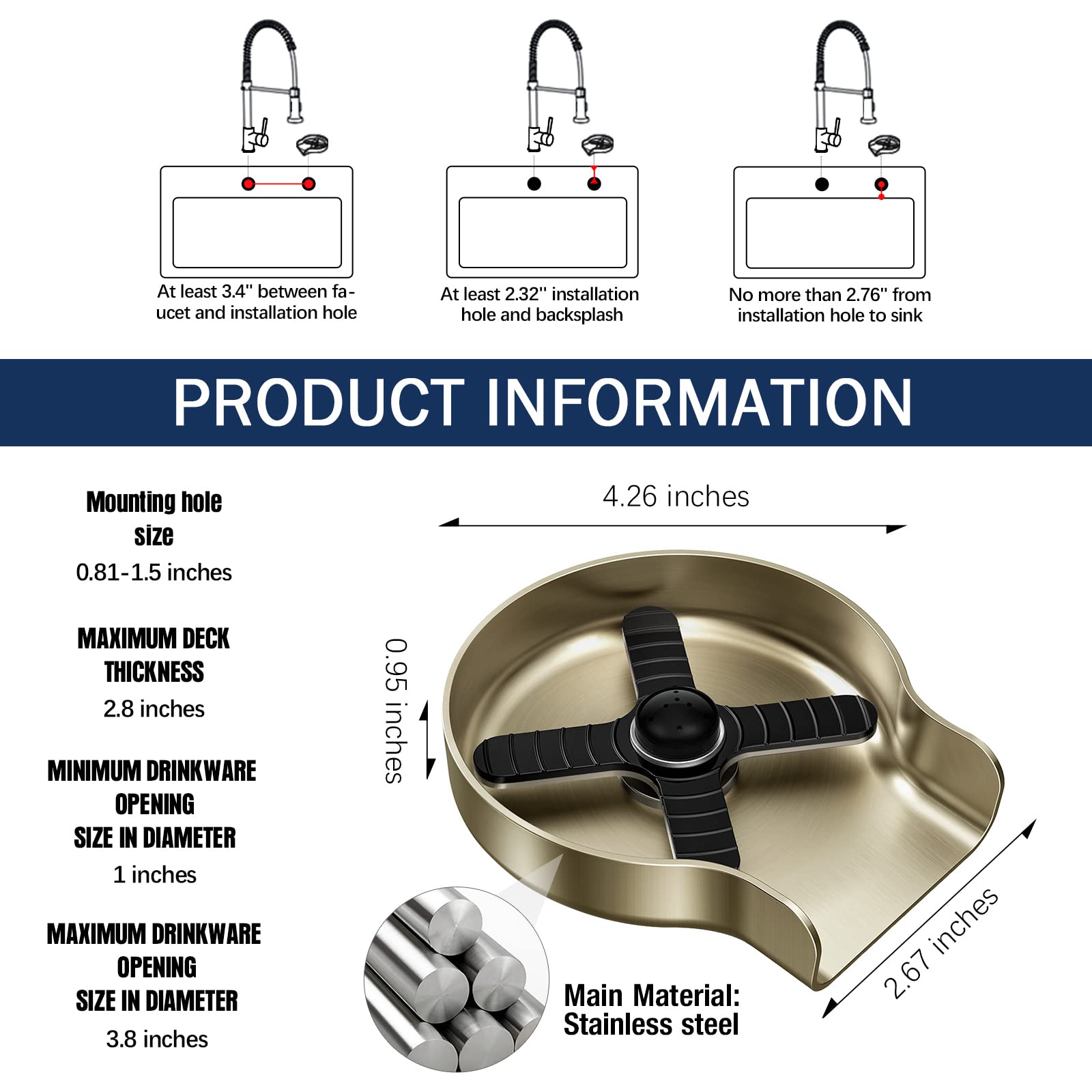 Premium Stainless Steel Glass Rinser for Kitchen Sinks - Bottle & Cup Washer for Bar, Home & Restaurant Use - Brushed Gold Finish Sink Accessory - Perfect for Wine Glasses, Baby Bottles & Coffee Mugs