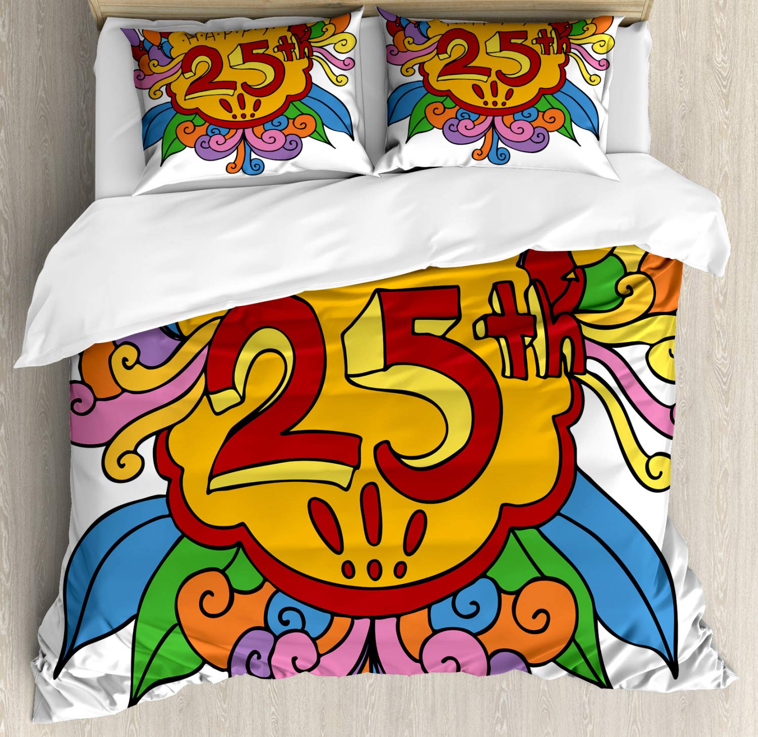 Ambesonne 25th Birthday Duvet Cover Set - Cartoon Floral Balloon Print 3-Piece Bedding (California King, Multicolor) for Birthday Party Decor & Teen Bedroom