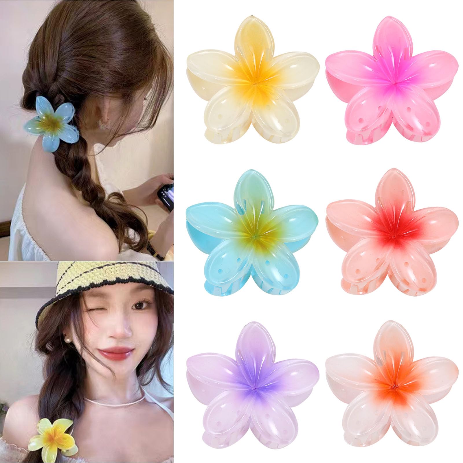 Hawaiian Flower Hair Claw Clips - Large Non-Slip Hair Clips for Women & Girls (6pcs) - Strong Hold for Thin & Thick Hair - Perfect for Beach, Summer & Boho Style Outfits
