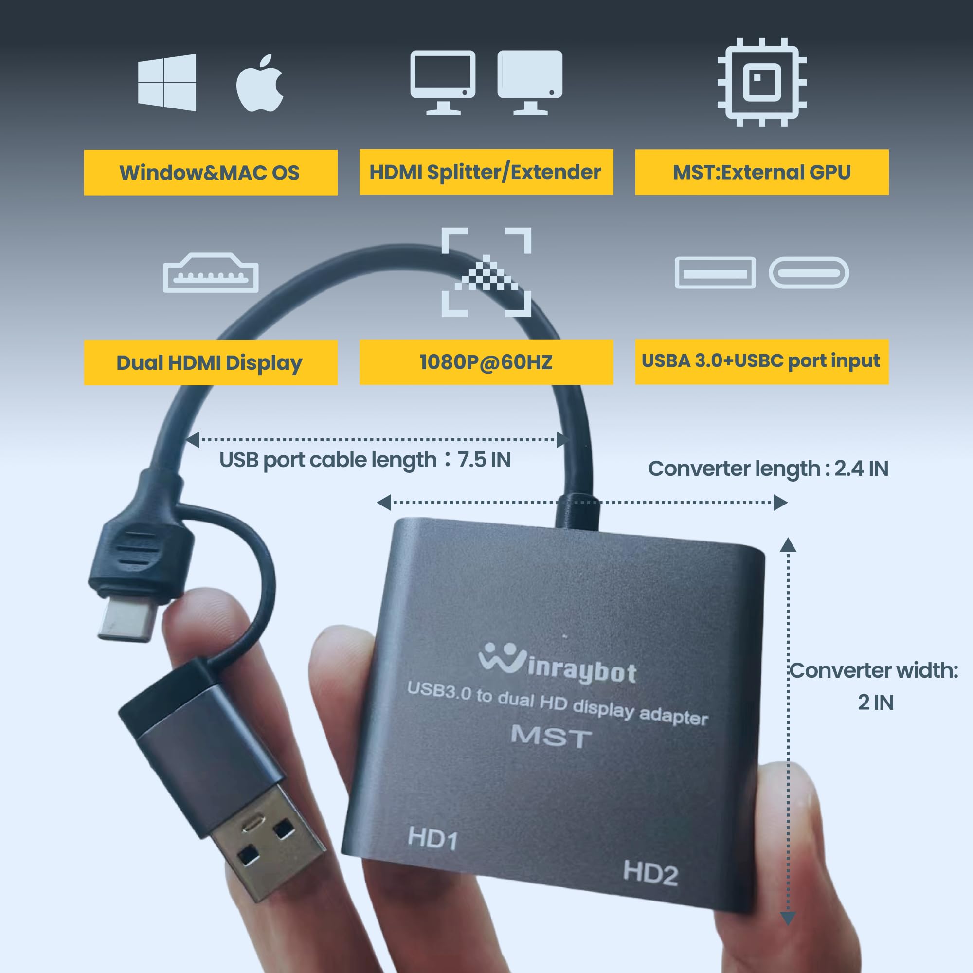 USB 3.0 to HDMI Adapter for Dual Monitors - 4K Extended Display Splitter with USB A & USB C Ports - Compatible with Mac & Windows (Gray) - Perfect for Home Office, Gaming & Multi-Tasking Workstations