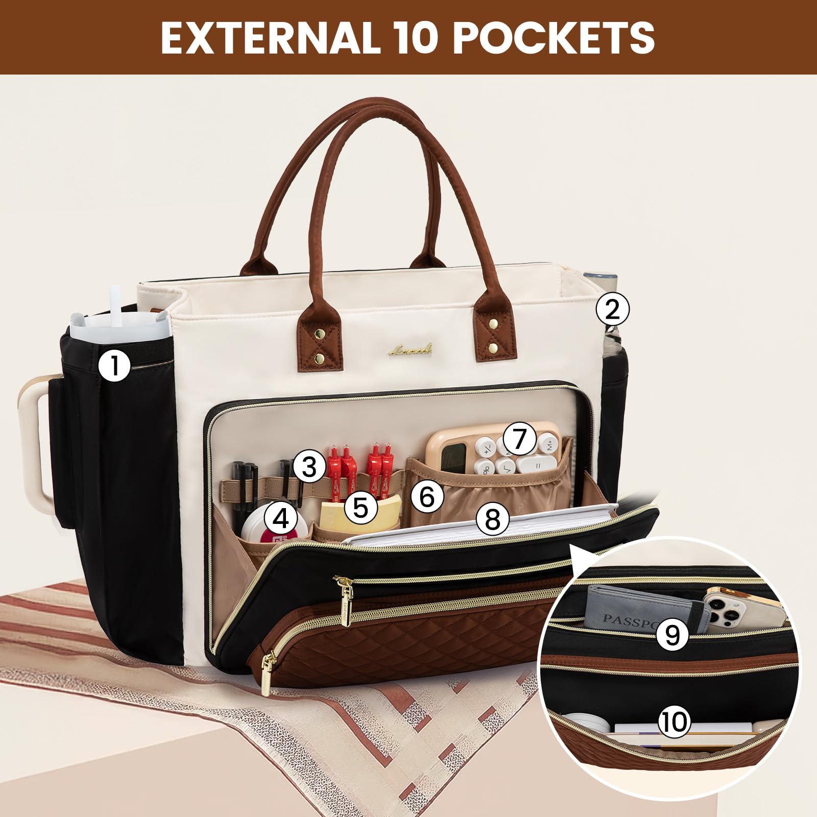 LOVEVOOK 17 Inch Laptop Tote Bag for Women - Professional Teacher Nurse Work Bag with Large Cup Holder, Stylish Business Briefcase & Computer Purse in Black, Beige, Brown - Ideal for Office, School & Travel