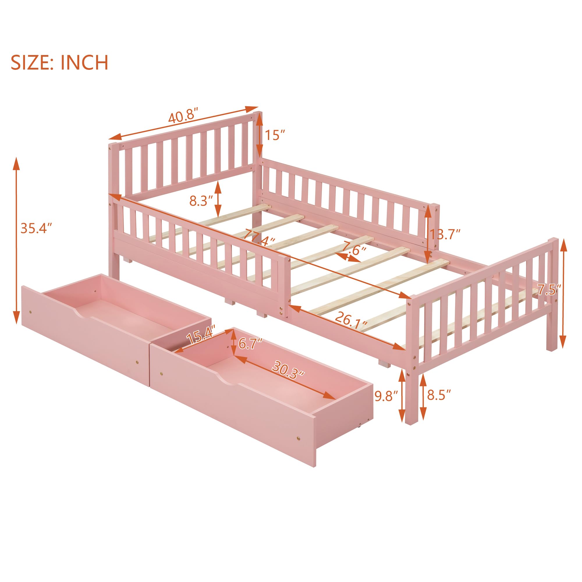 Pink Twin Size Kids Bed Frame with Guardrails, Low Platform Bed with Headboard & Footboard - 2 Storage Drawers for Boys & Girls | Perfect for Small Bedrooms, Daycare Centers & Kids' Sleepovers