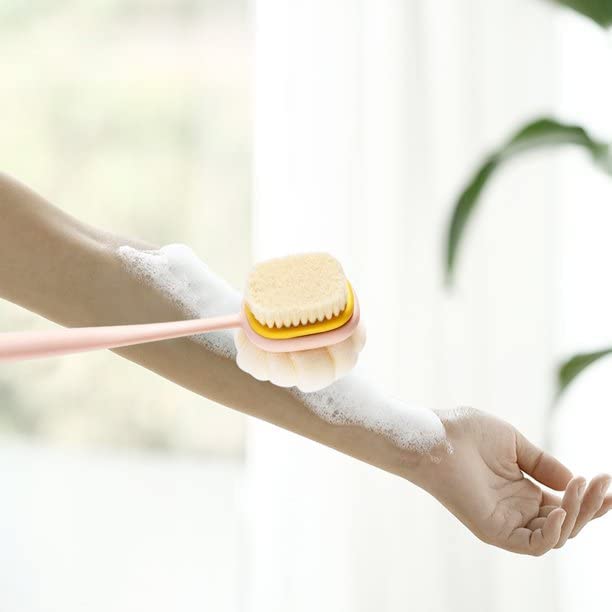 Emcrovi Wooden Double-sided Bath Brush with Massager & Long Handle - Exfoliating Body Brush for Dry Brushing & Skin Care | Natural Bristles | Multi Color | Perfect for Shower, Spa & Lymphatic Drainage Massage