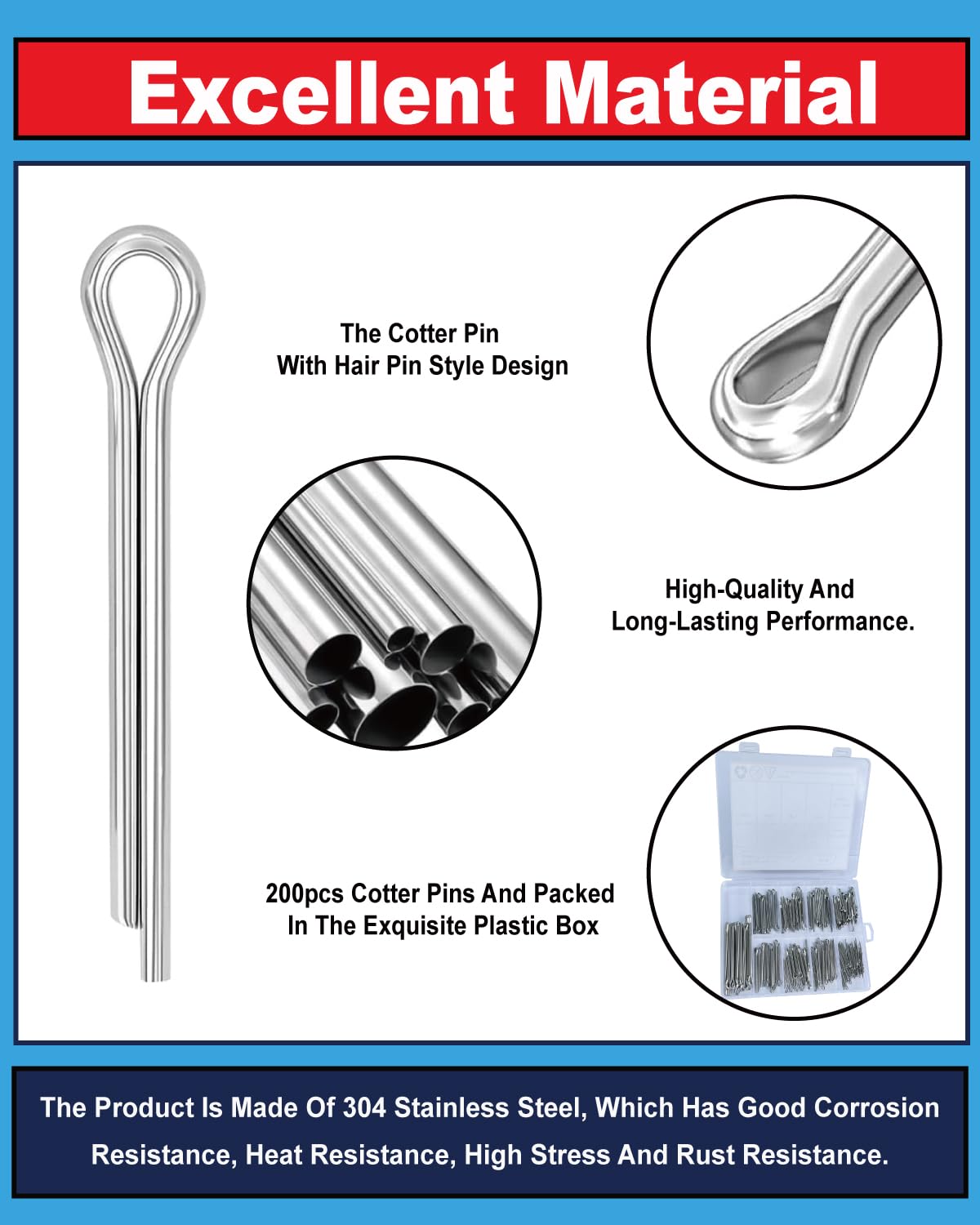 304 Stainless Steel Cotter Pins Kit - 290 Pcs 24 Sizes for Automotive & Machinery