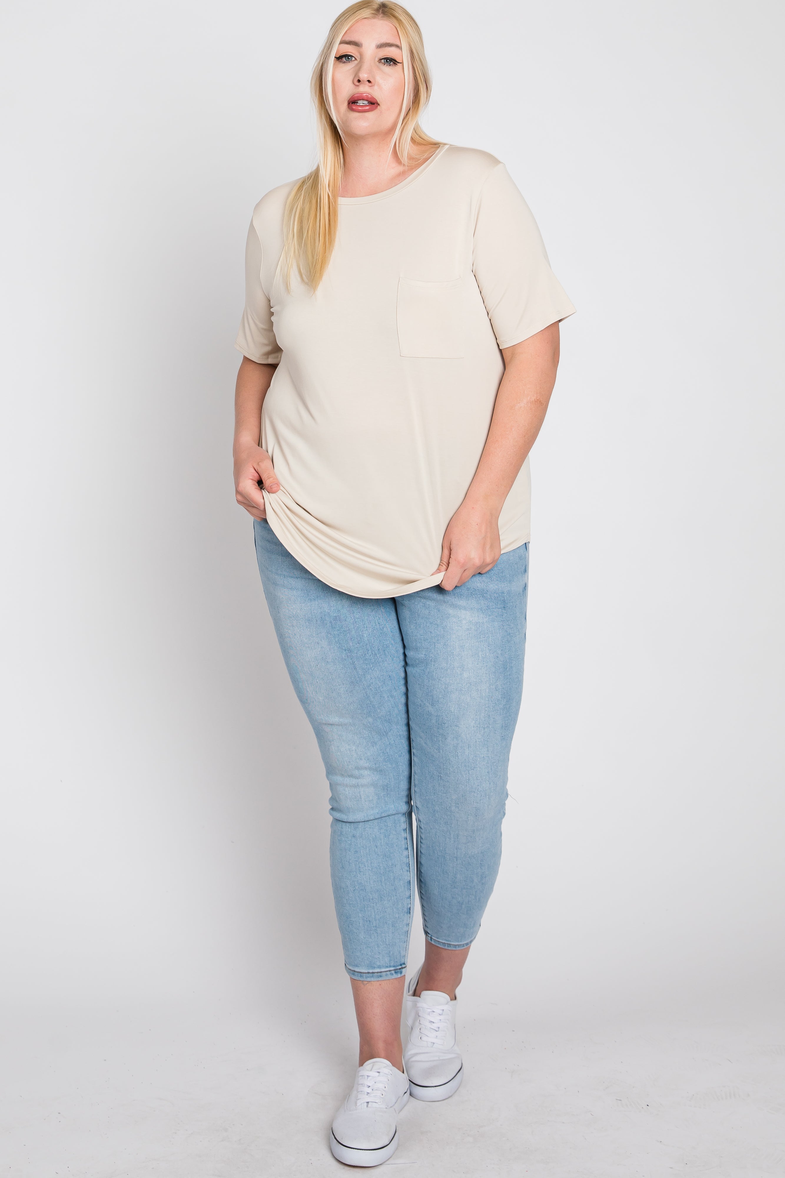 Beige Crew Neck Short Sleeve T-Shirt for Women with Front Pocket - Casual Plus Size Summer Top for Outdoors, Travel & Everyday Wear