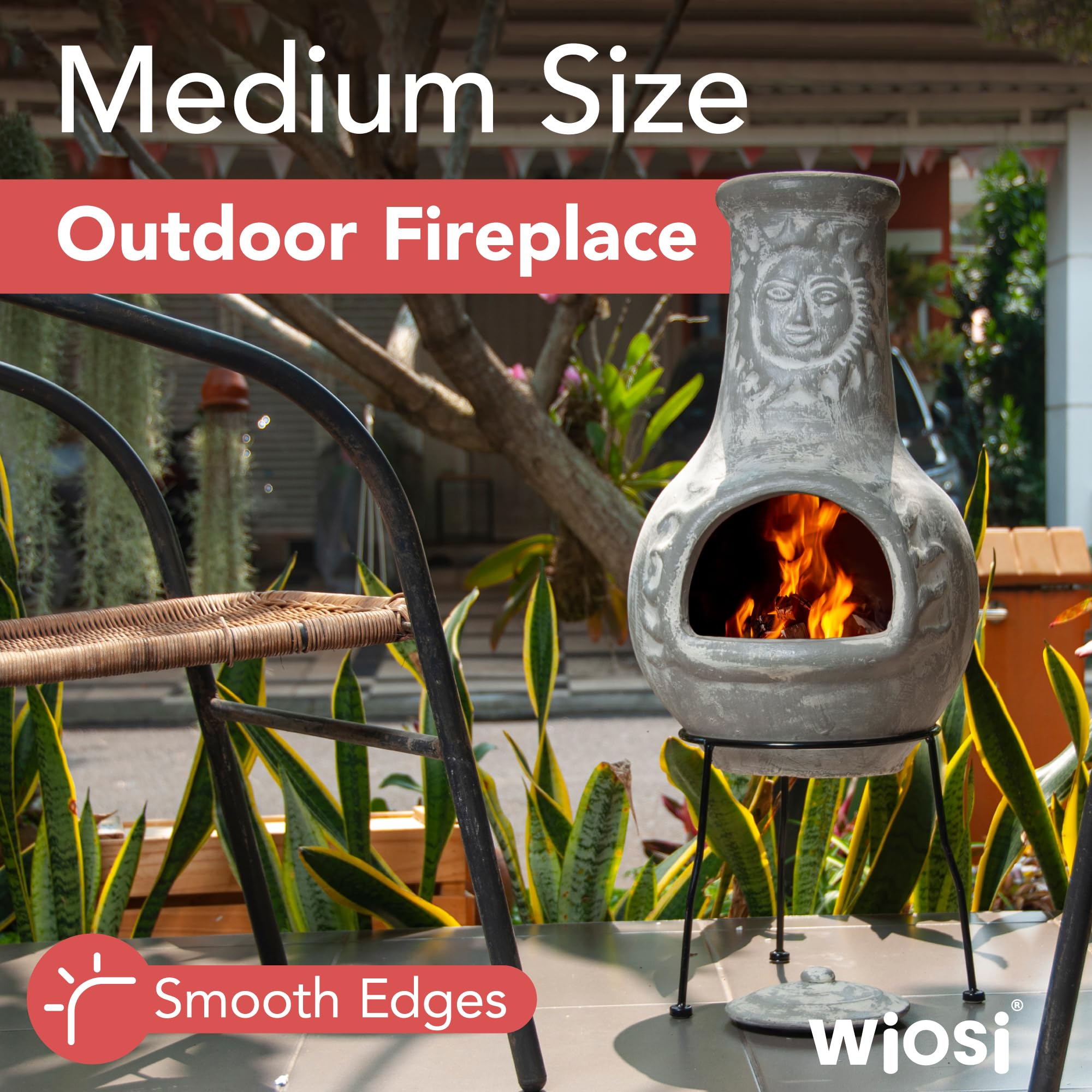 Wiosi Medium Grey Clay Chiminea Outdoor Fireplace with Chimney Rain Lid & Metal Stand - 16x16x32 Inch Rustic Terracotta Chimenea for Patio, Garden, Backyard, Camping & Outdoor Gatherings