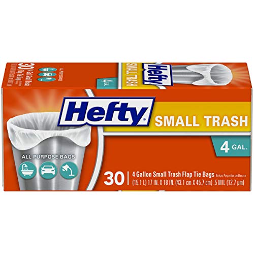 Hefty Flap Tie Small Trash Bags - 4 Gallon, 30 Count | Durable Kitchen & Bathroom Waste Bags for Home & Office Use