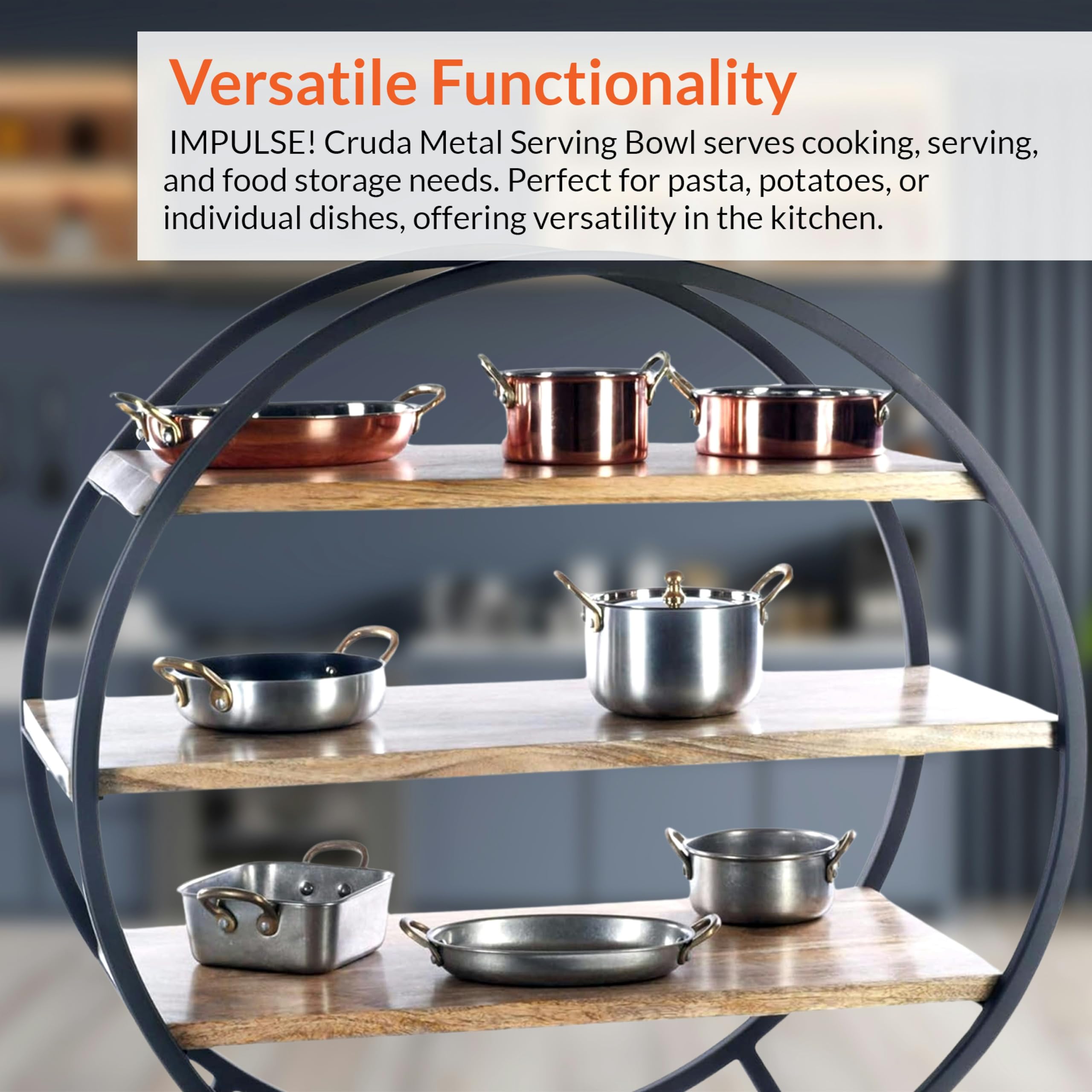 IMPULSE! 10oz Cruda Metal Bowl with Brass Handles - Aluminum Nonstick Serving Dish for Sweet Potatoes, Pasta & Mashed Potatoes | Dishwasher Safe Copper-Colored Punch Bowl - Perfect for Holiday Dinners, Party Appetizers & Kitchen Storage