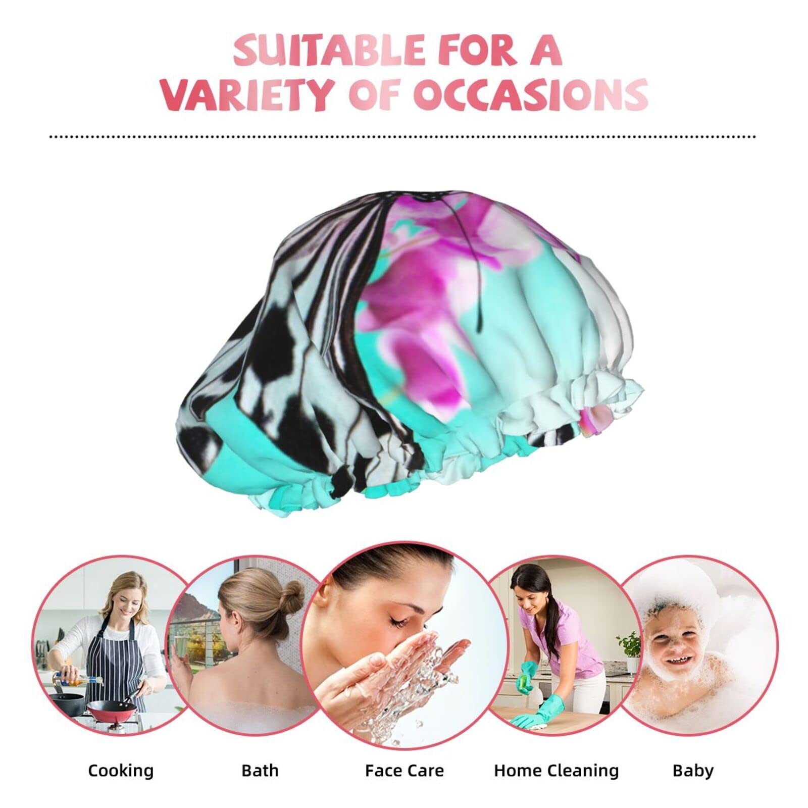 Waterproof Reusable Shower Cap for Women - Cute Butterfly Floral Design Bathing Hair Cap for Shower, Swimming & Spa (Pink)