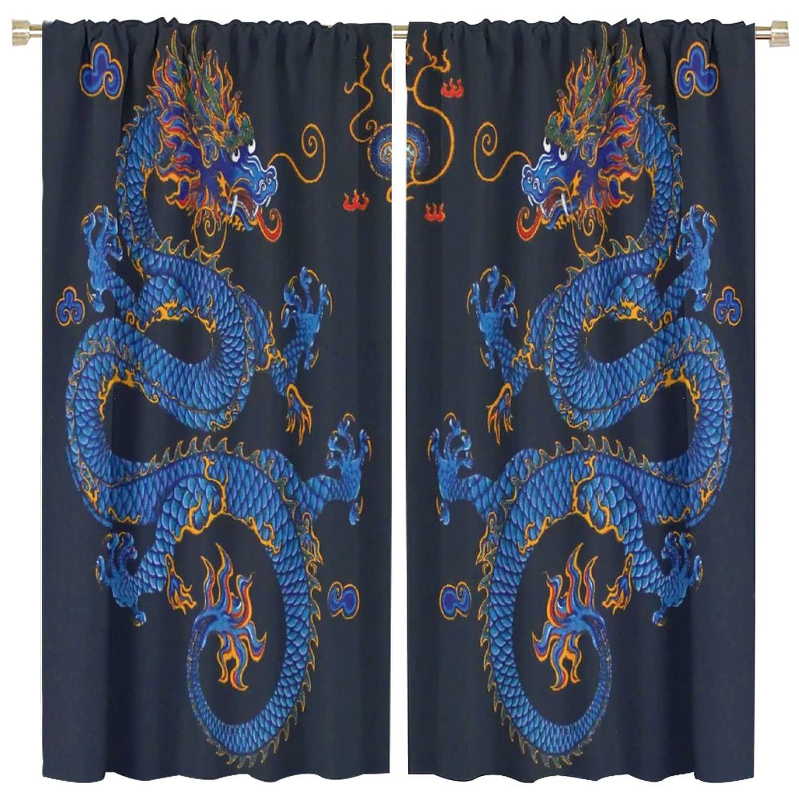 Denruny Chinese Dragon Blackout Curtains - Fantasy Retro Blue Dragon Design, Rod Pocket Room Darkening Drapes for Bedroom (Set of 2 Panels 84x84 Inches) - Perfect for Asian-Themed Decor, Home Theater & Light-Sensitive Sleepers