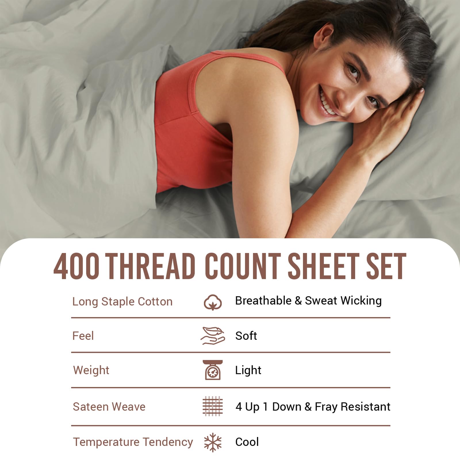 Pizuna Pure 100% Cotton Queen Size Bed Sheets - 400 Thread Count Luxury Sateen Weave with 15