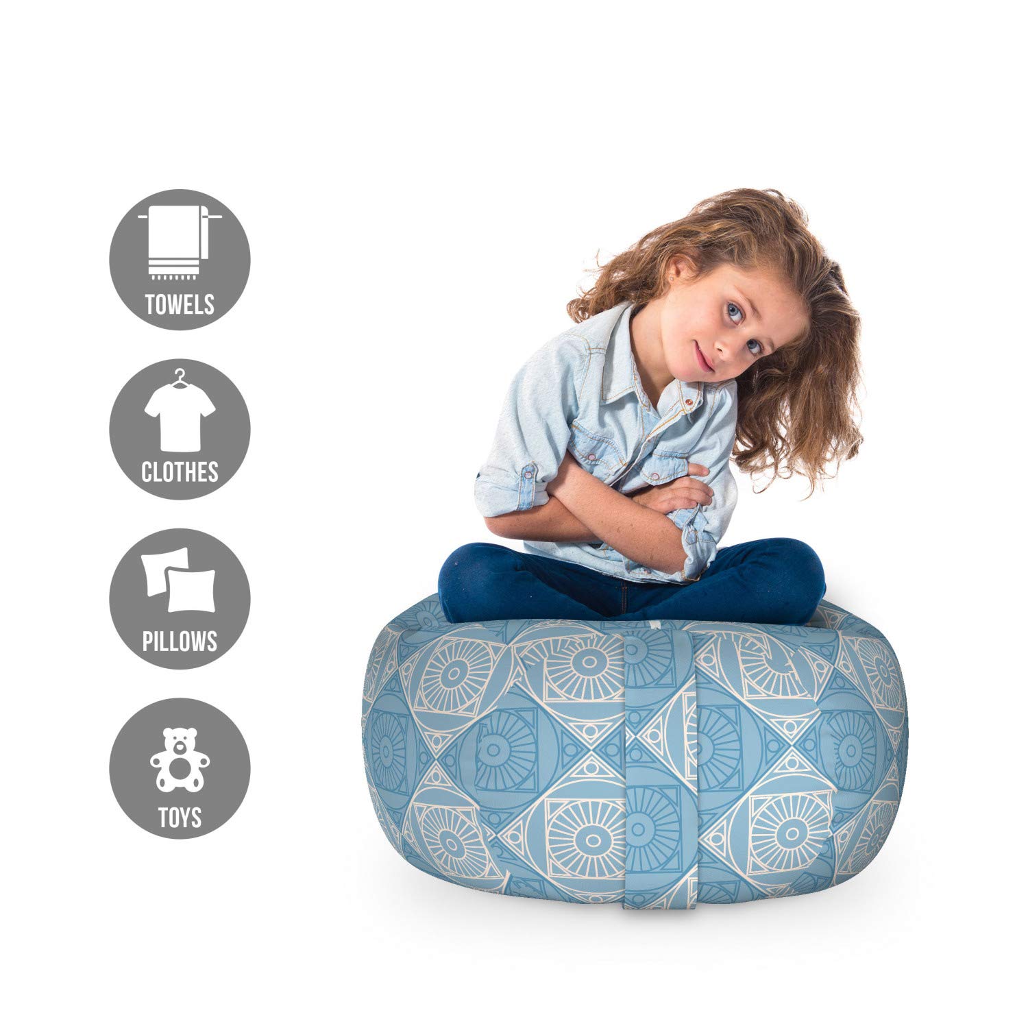 Ambesonne Geometric Toy Storage Bag Chair - Egyptian Motif Symmetric Design, Washable Stuffed Animal Organizer for Kids Room, Small Size in Teal & Pale Yellow | Perfect for Nursery, Playroom & Bedroom Organization