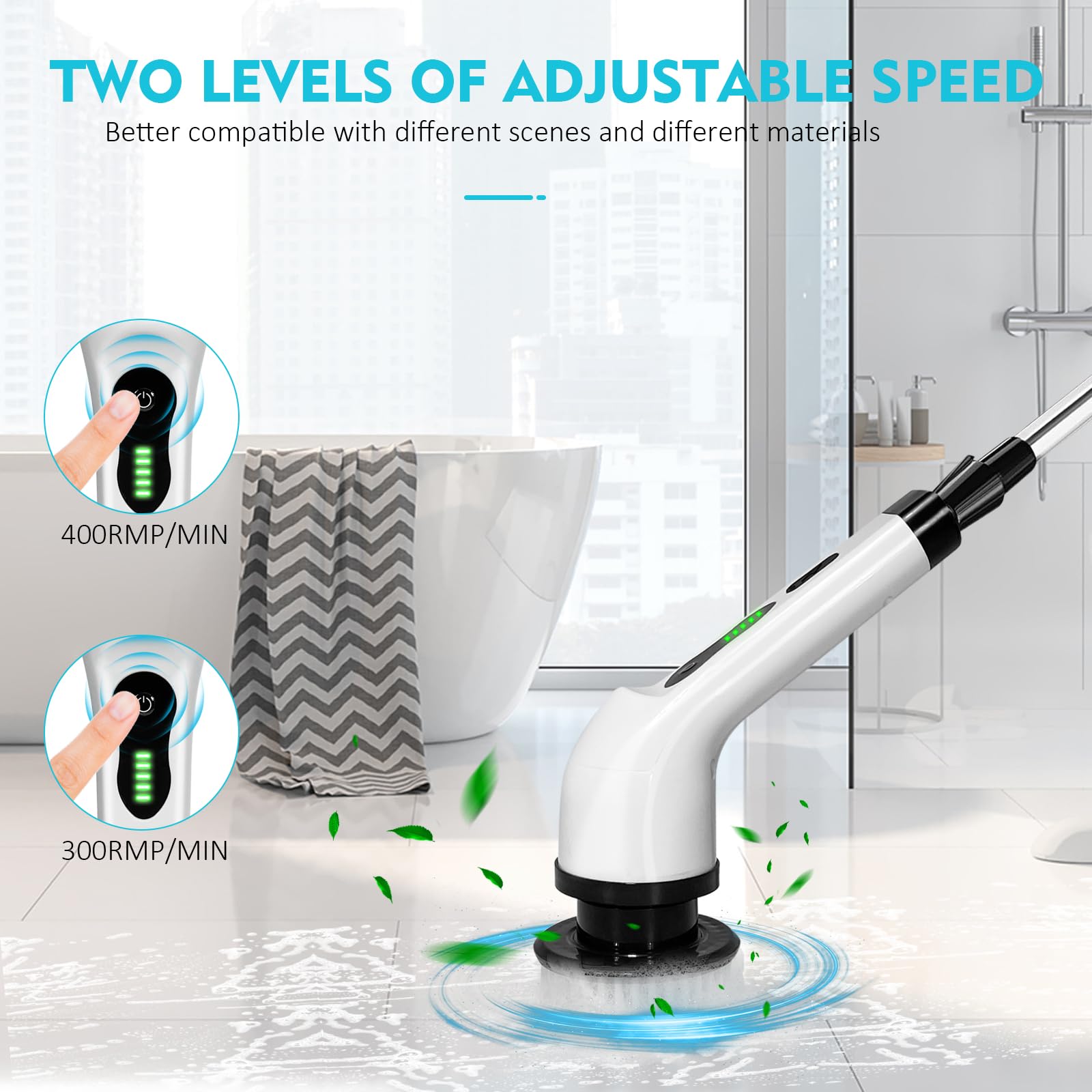 Electric Spin Scrubber with 9 Replacement Heads & Extendable Handle - Power Cleaning Brush for Bathroom, Kitchen, Tile, Floor, Tub, Car - Perfect for Deep Cleaning Showers, Sinks, Grout & Vehicle Interiors