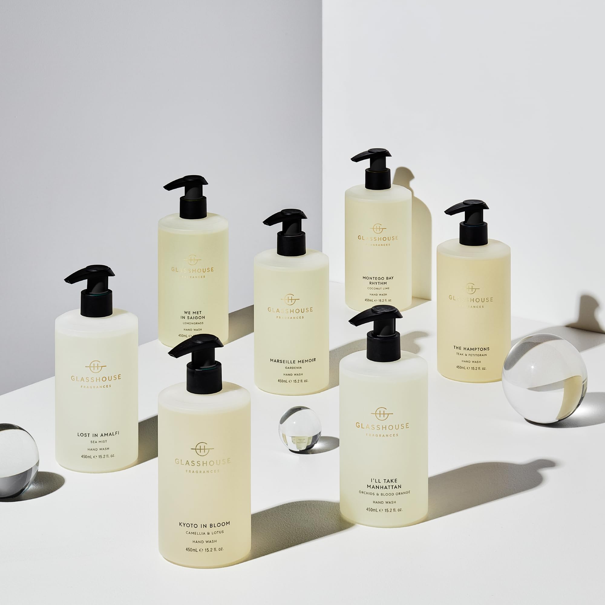 Glasshouse Fragrances Luxury Hand Wash 3-Pack - The Hamptons, I'll Take Manhattan, Lost in Amalfi Scents | Aloe Vera & Vitamin E Enriched | Soothing Moisturizing Formula | 15.2 Fl Oz (450mL) Each | Perfect for Bathroom, Kitchen & Guest Washrooms