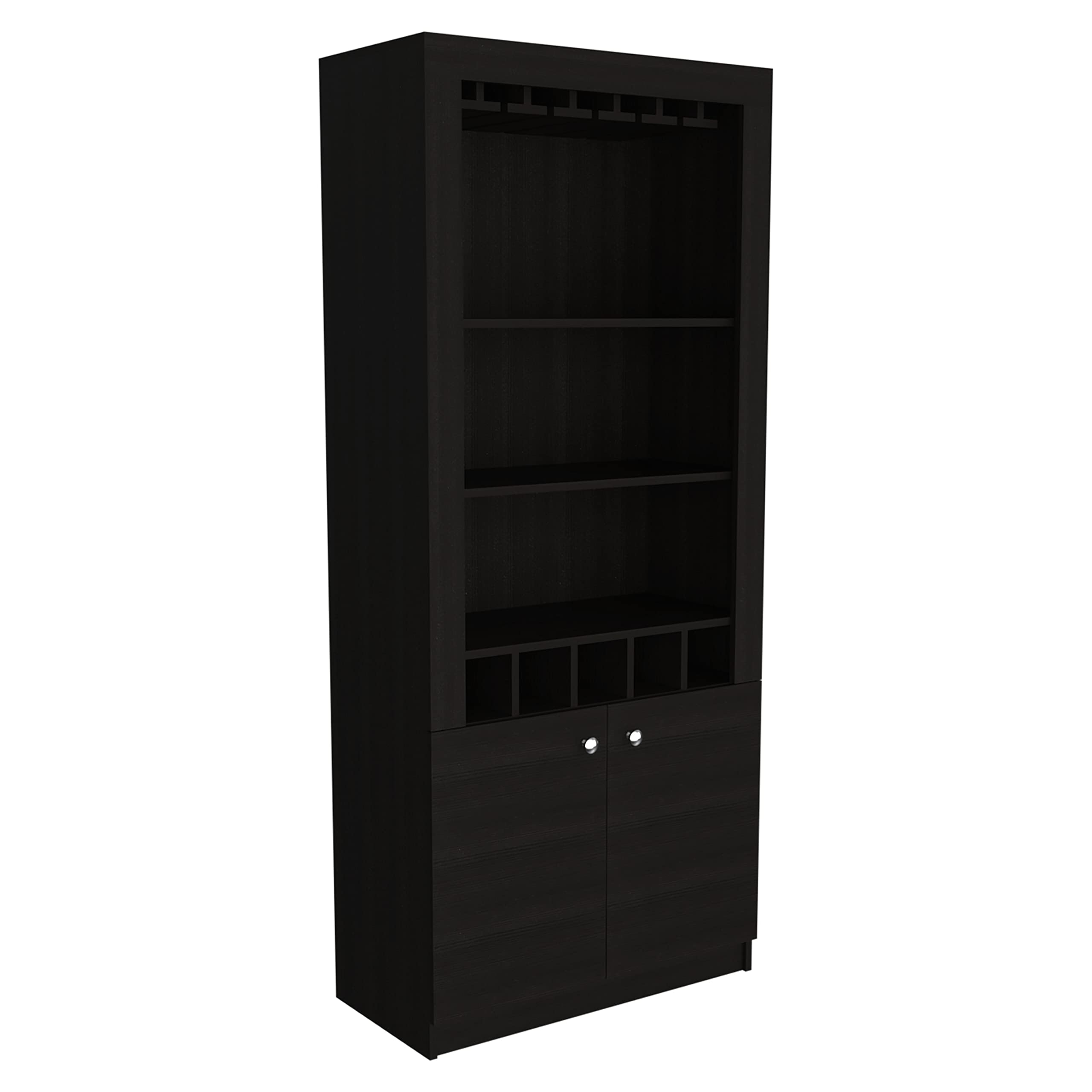 Modern Black Bar Cabinet with 10-Glass Wine Rack & 5-Bottle Storage - Double Door Cabinet with 3 Open Shelves for Home Bar, Dining Room or Entertainment Area - Elegant Wine Storage Furniture for Parties & Gatherings