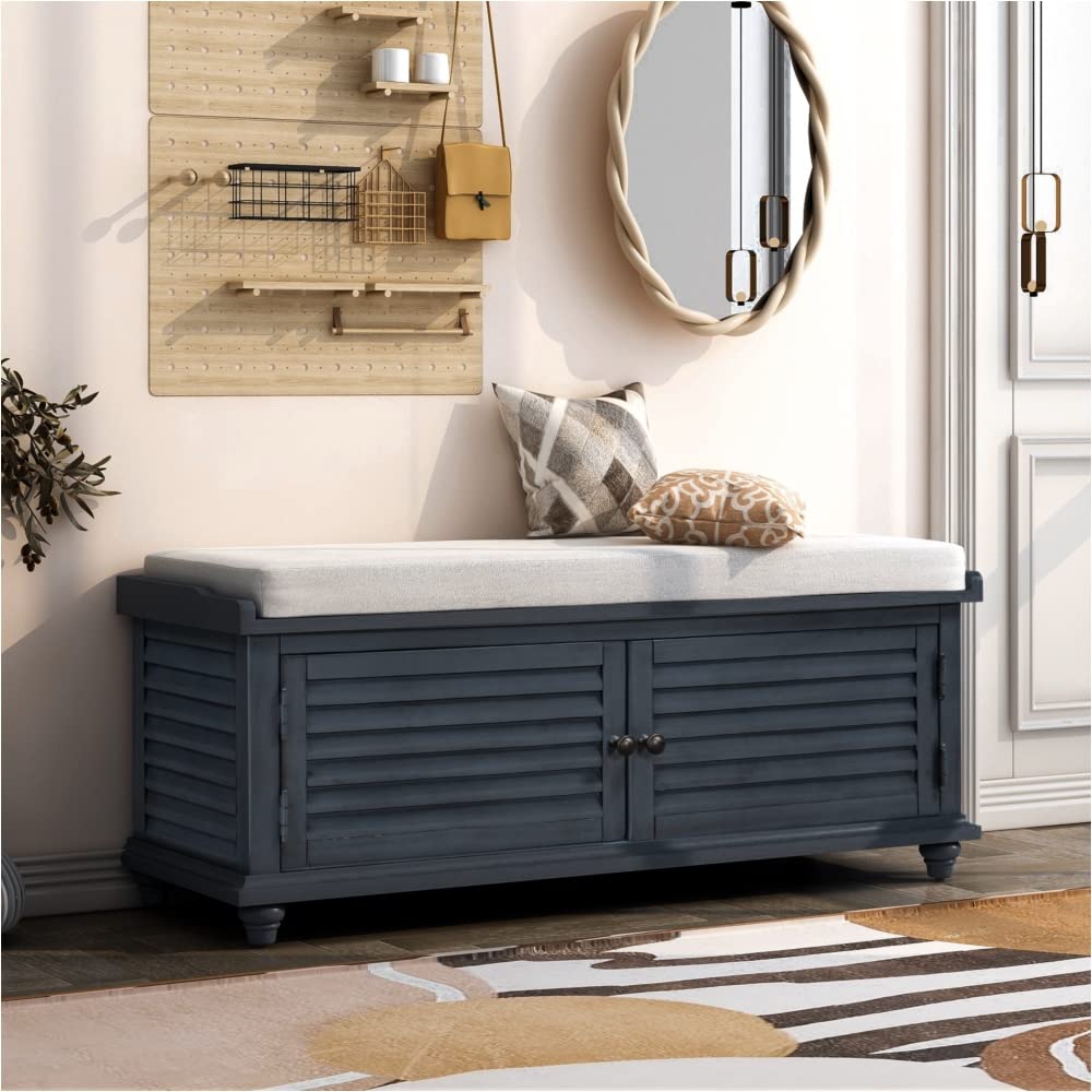 HuaZo Wooden Storage Bench with Removable Cushion - Louver Design Shoe Bench, Stool & Bar Stool (Navy Blue) - Perfect for Entryway, Bedroom, and Living Room Organization