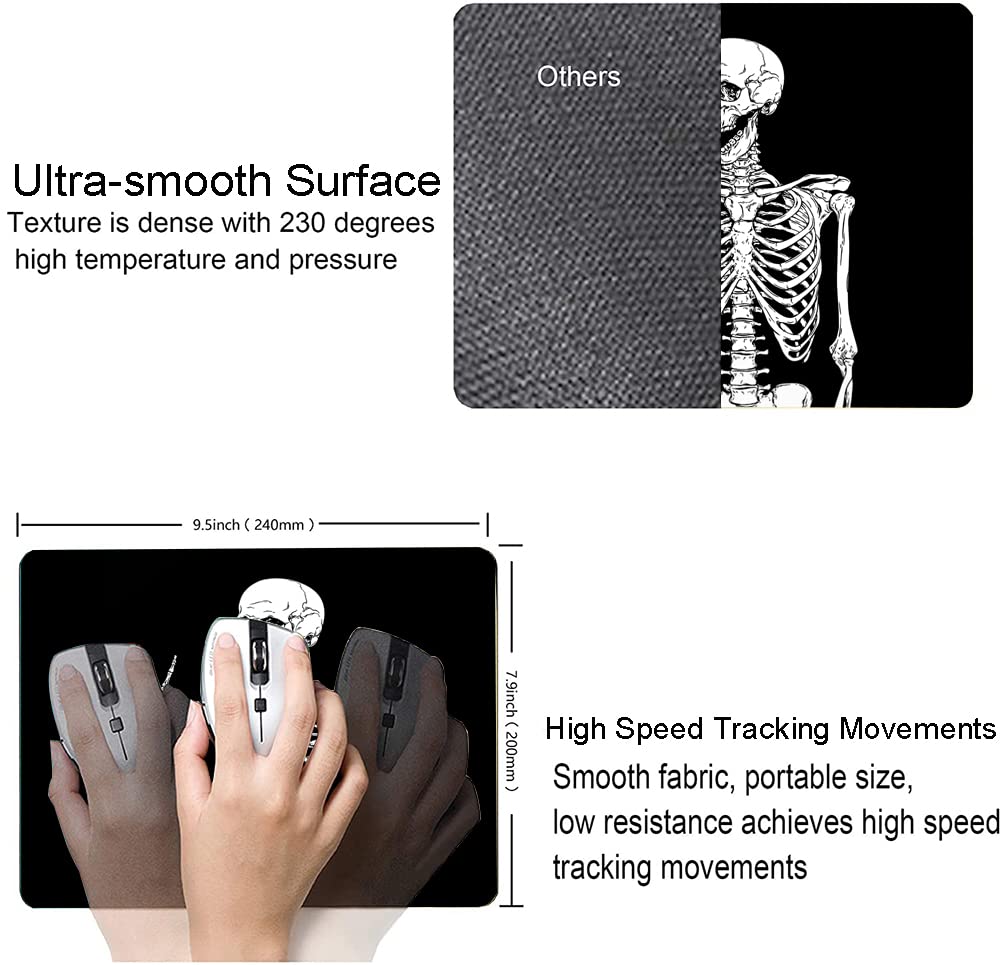 Black Human Skeleton Mouse Pad - Non-Slip Rubber Base, Waterproof & Smooth Surface - Customized Mousepad for Computer & Laptop - Perfect for Gaming, Office Work & Home Use