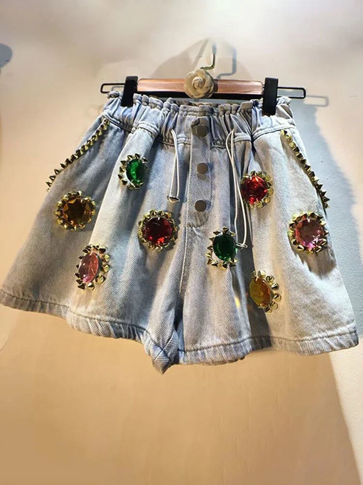 Women's High Waist Denim Shorts with Rivet & Diamond Decor - Elastic Drawstring Loose Wide Leg Jeans for Summer | Casual Outfit, Beach Wear, Street Style
