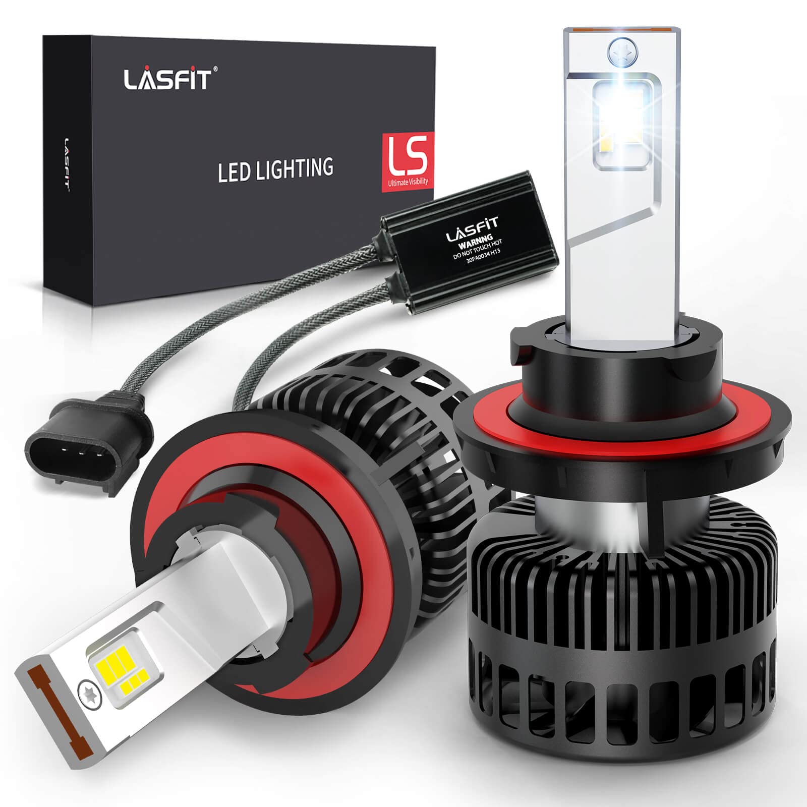 LASFIT H13 9008 LED Bulb - 90W 9000LM Super Bright 6000K Cool White Hi/Lo Beam Headlight Bulbs - 600% Brighter Than Halogen - IP67 Waterproof - Plug and Play Conversion Kit - Perfect for Off-Road, Night Driving & Foggy Conditions - Pack of 2 - LS Plus Series
