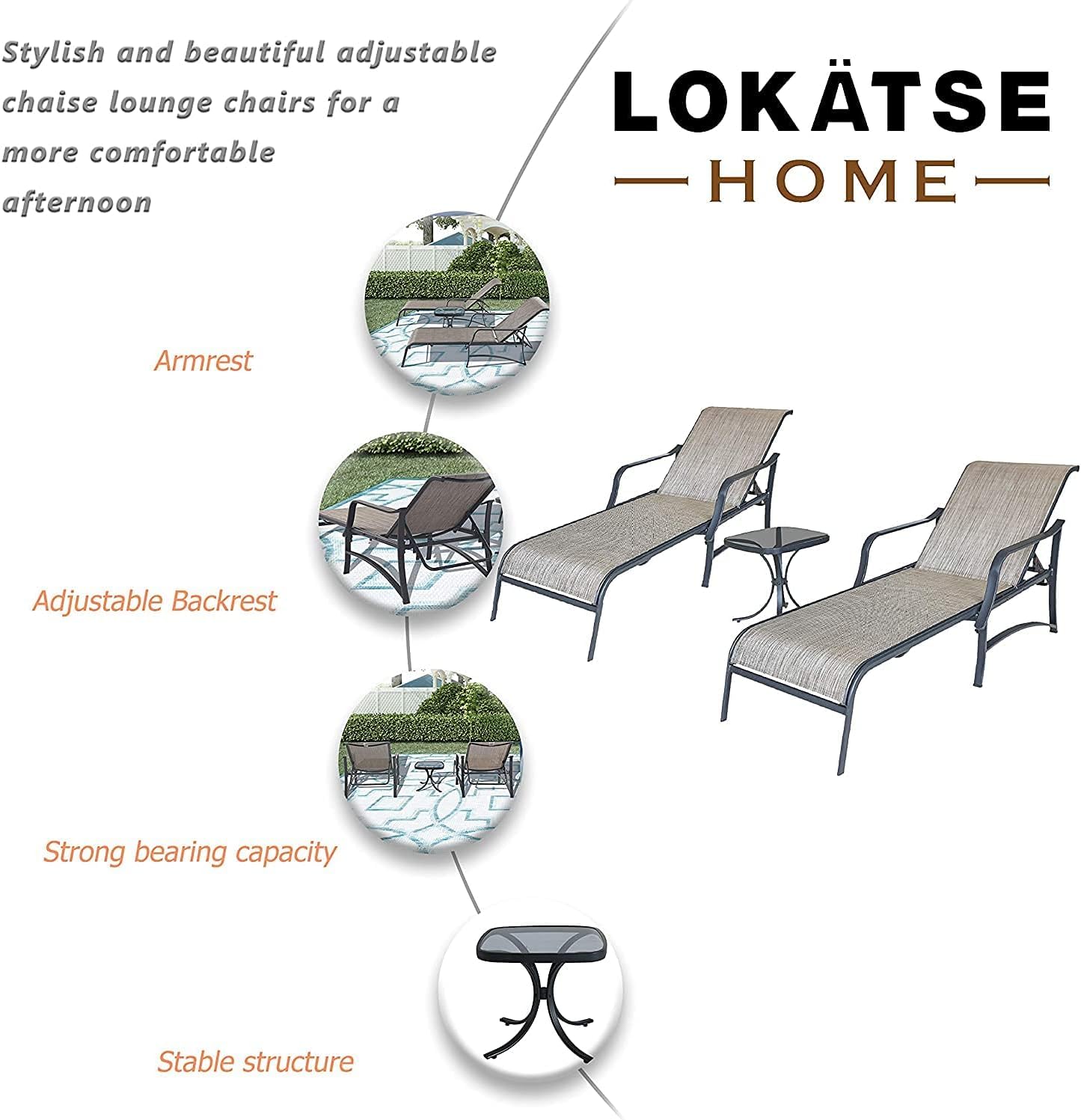 LOKATSE HOME 3-Piece Outdoor Chaise Lounge Set with Adjustable Back - Steel Frame Patio Pool Chairs & Coffee Table in Grey - Perfect for Backyard, Poolside, and Garden Relaxation