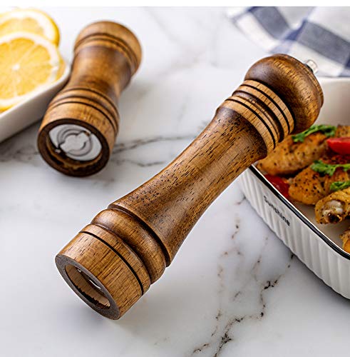 Premium Wooden Pepper Grinder & Salt Mill - 8 Inch Adjustable Coarseness with Ceramic Grinding Core - Refillable Spice Grinder for Kitchen, Dining Table & Gourmet Cooking