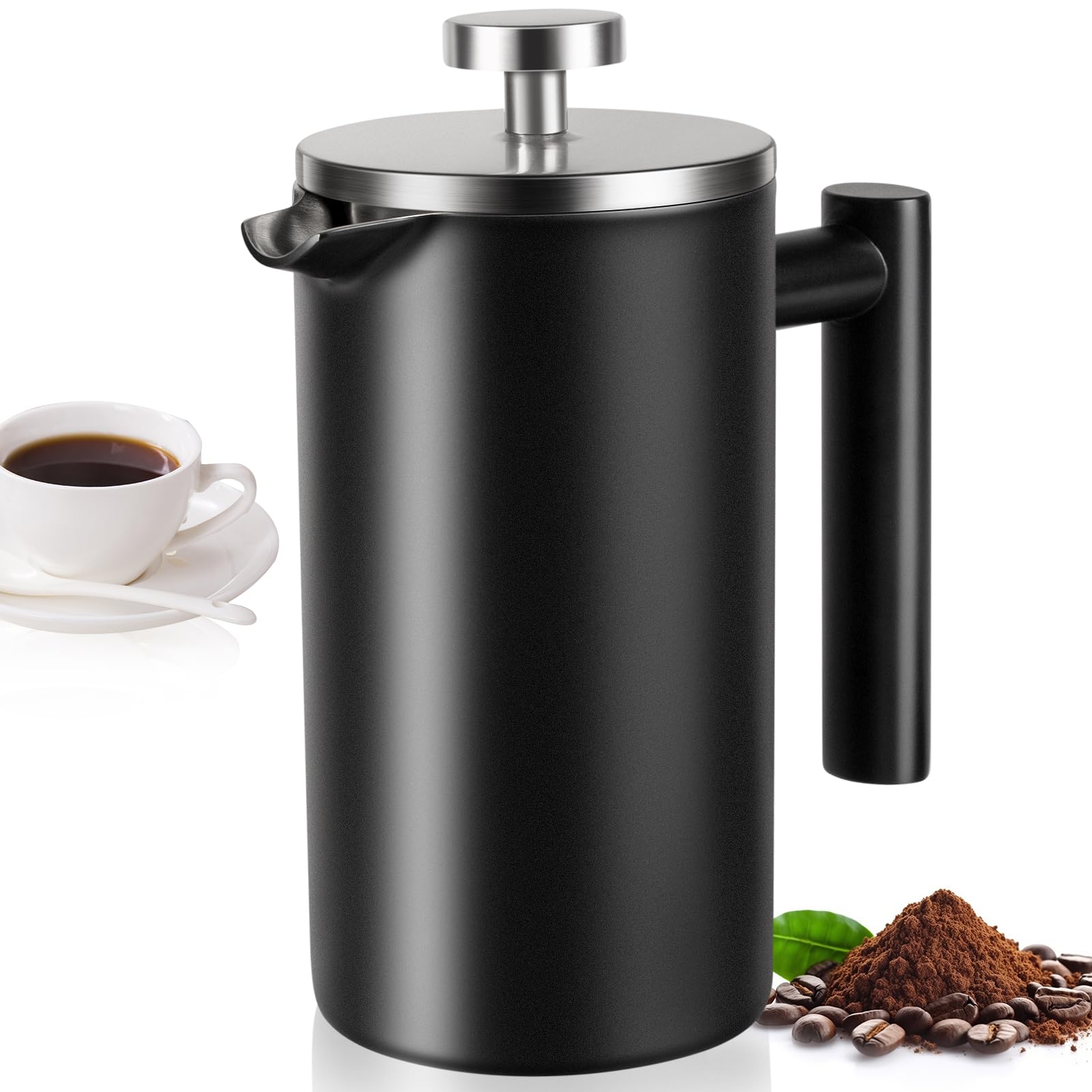 Premium 12 oz Stainless Steel French Press Coffee Maker - Double Wall 304 Stainless Steel Travel Coffee Press with 2 Extra Filters | Portable for Camping, Office, Home & Outdoor Adventures | Elegant Black Design