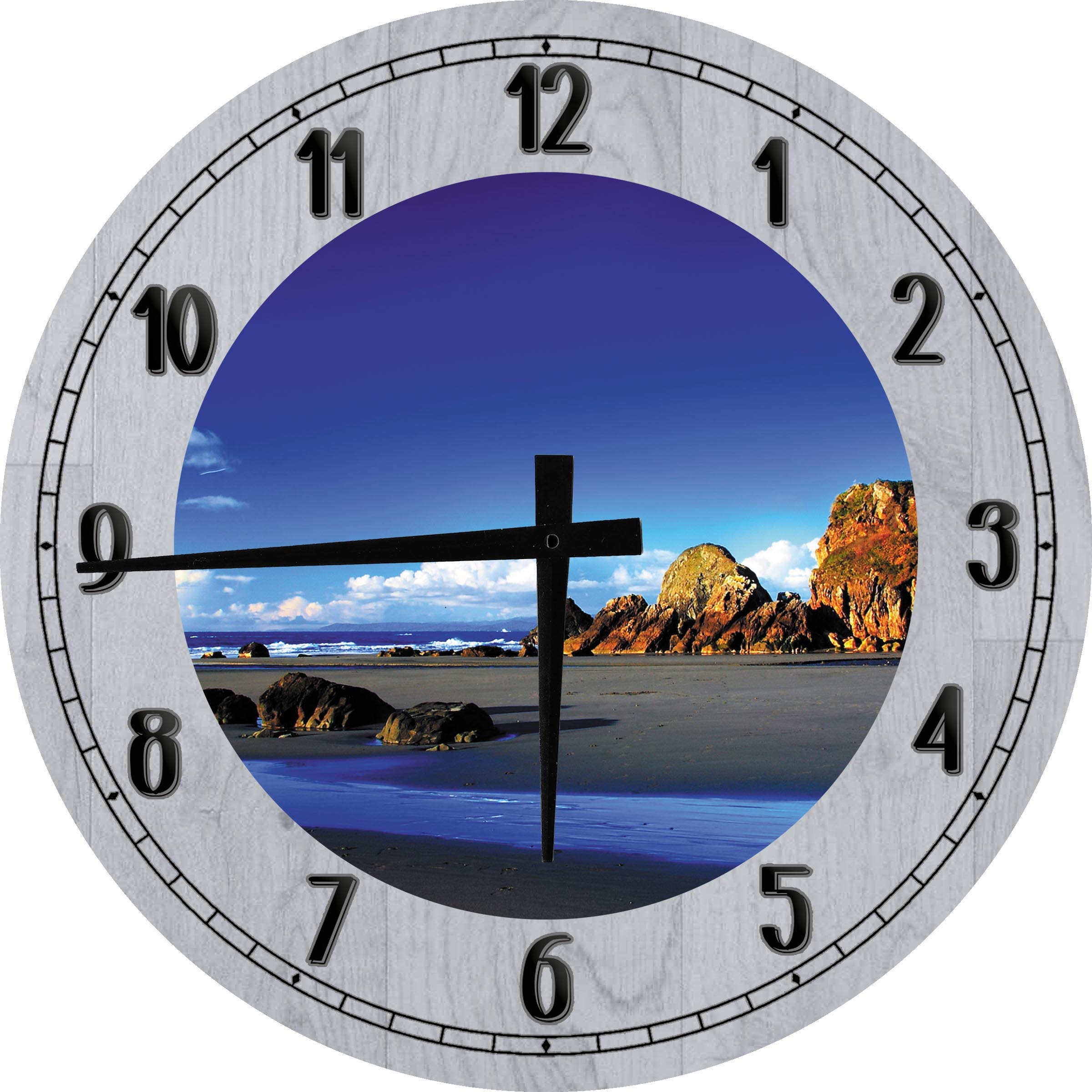 12 Inch Large Round Wood Wall Clock - Caribbean Beach Bright Blue Sky & Water Decor - Gray Wooden Wall Art for Living Room, Bedroom, or Office