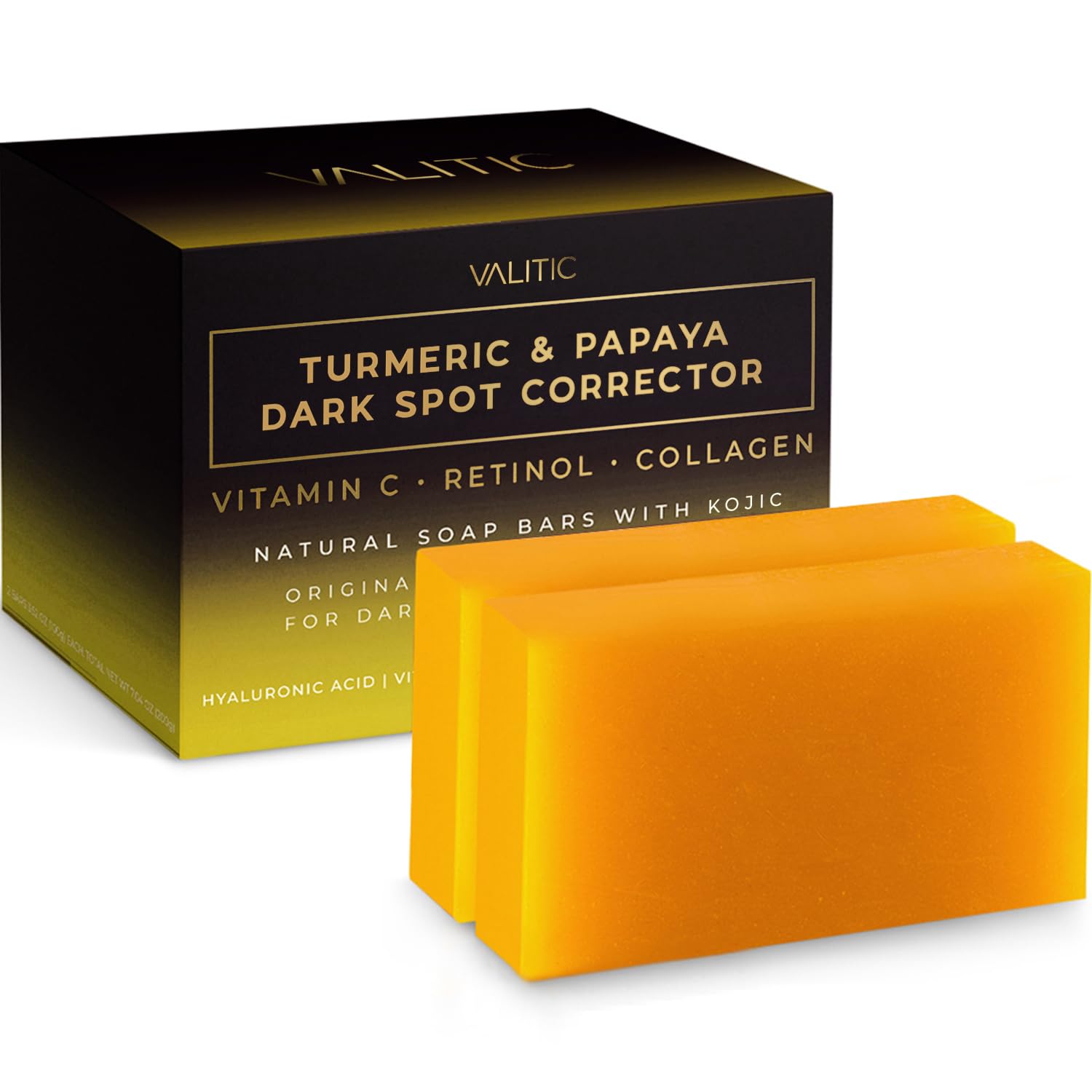 VALITIC Papaya & Turmeric Kojic Acid Soap Bar for Dark Spot Removal - Skin Brightening & Even Tone Cleanser with Vitamin C, Hyaluronic Acid, Collagen - 2 Pack - Perfect for Face & Body Care, Acne Treatment & Hyperpigmentation Correction