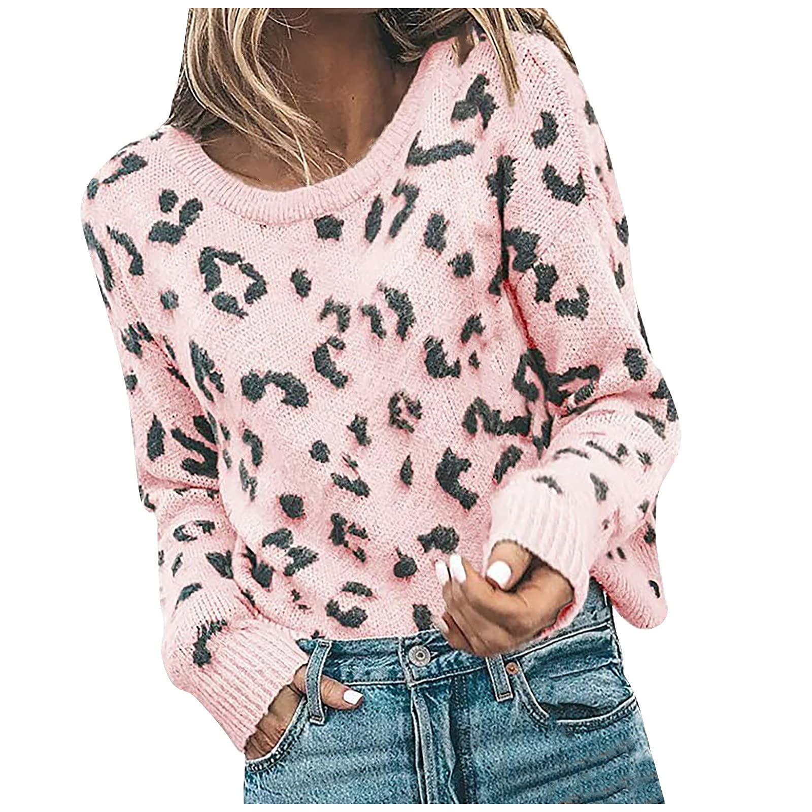 Women's Leopard Print Sweater - Fall Fashion Long Sleeve Round Neck Tunic Top | Elegant Streetwear Pullover for Casual Outings & Office Wear