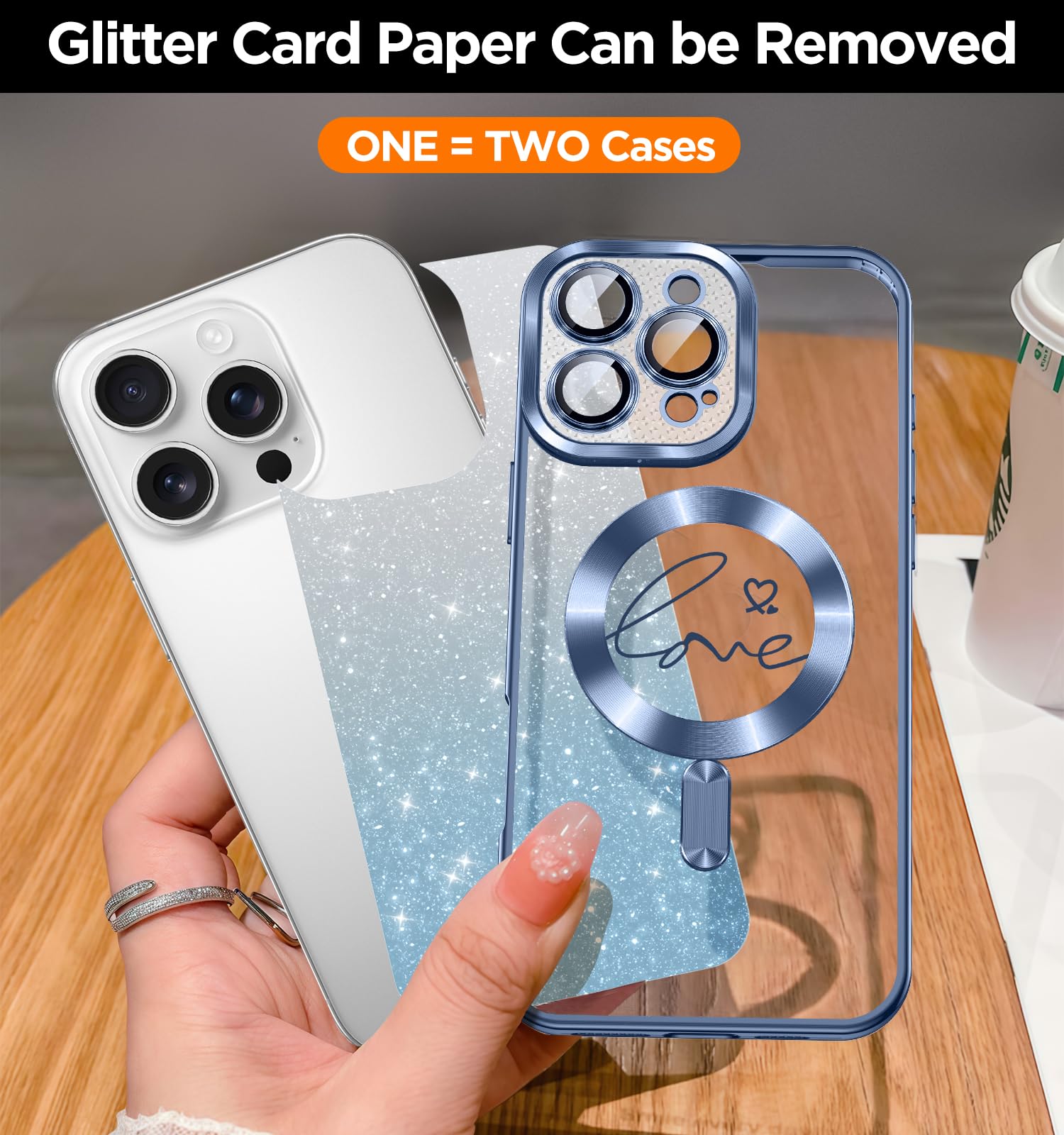 Magnetic Glitter iPhone 16 Pro Case with Full Camera Lens Protector | Compatible with MagSafe | Sparkly Love Hearts Design | Protective Phone Cover for Women & Girls (Blue) - Perfect for Everyday Use, Work, and Social Events