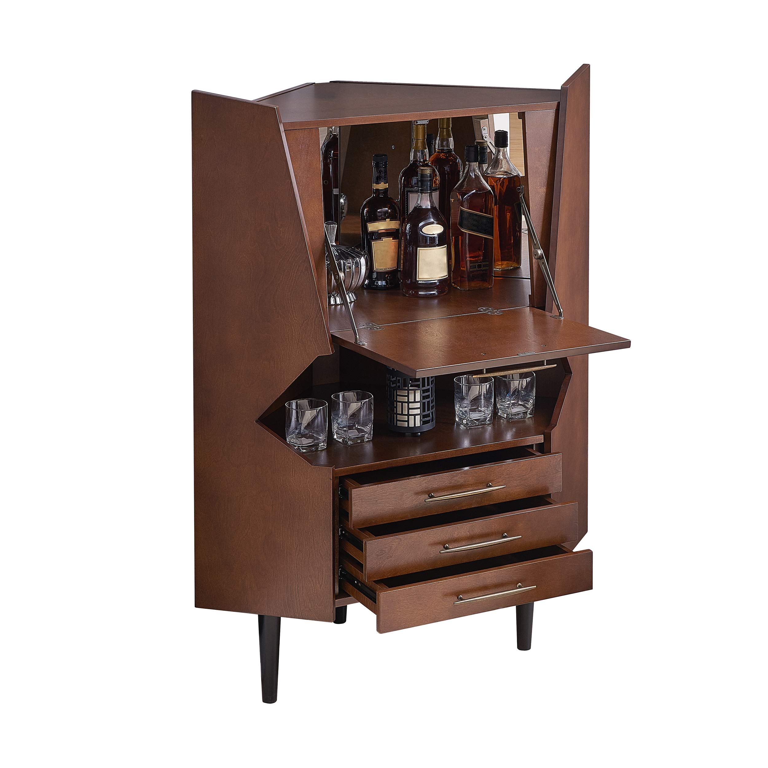 Larson Corner Storage Bar Cabinet - Brown Wooden Cabinet with Shelves & Doors for Living Room, Dining Room, or Home Bar - Space-Saving Furniture for Small Spaces